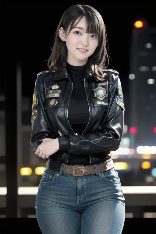 Natlp portrait of beautiful female model., Georgia Fowler, Beautiful Face, Short dark brown hair, Cyberpunk city at night. She is wearing a leather jacket., Jeans Negros, Dramatic lighting, (Police Badge:1.2)