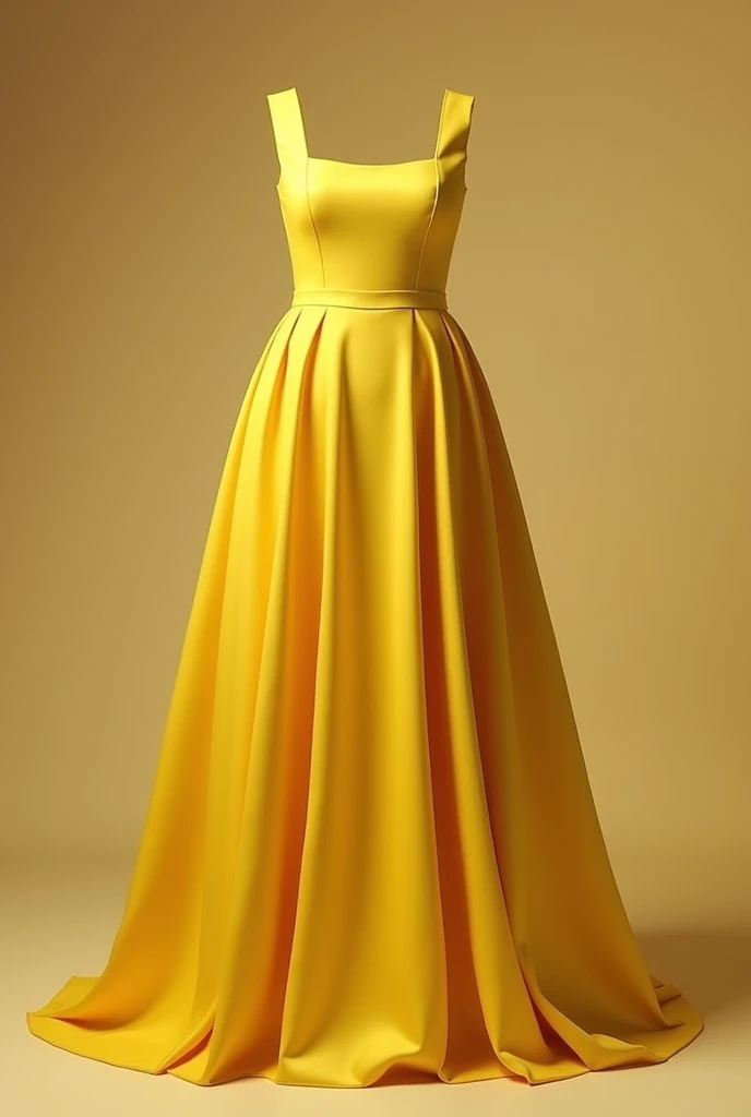 A light yellow dress, of satin, long and fair, with a slit on the lower right side, slightly thick tank top straps and a rectangular neckline.
