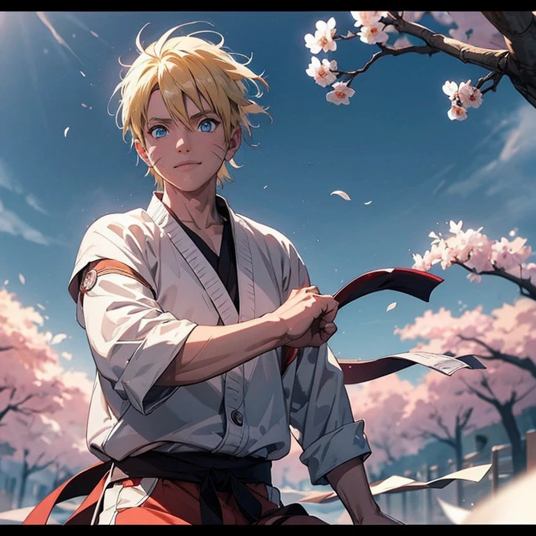 Naruto: Namikaze Uzumaki, ((cabello rubio y blue eyes)). dressed in white karate uniform., white pants, black belt around the waist, in karate stance, smiling and challenging face, by rubio, blue eyes, in a dojo, standing, Whole body, muscular, cast shadow, atmospheric perspective, to flourish, 8k, Super detail, necessary, Best Quality, HD, anatomically correct, textured skin, high quality, High resolution, Best Quality (alone)
