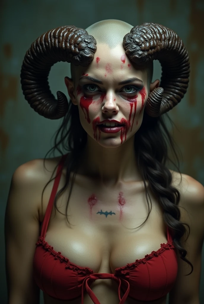 Sara Sampaio as a demon with a nihilistic expression. She has detailed, otherworldly features, including dark, intricate skin textures, horns, and an aura of darkness. The facial details should be highly refined, emphasizing her expression of detachment and despair. Digital art, realistic, detailed.