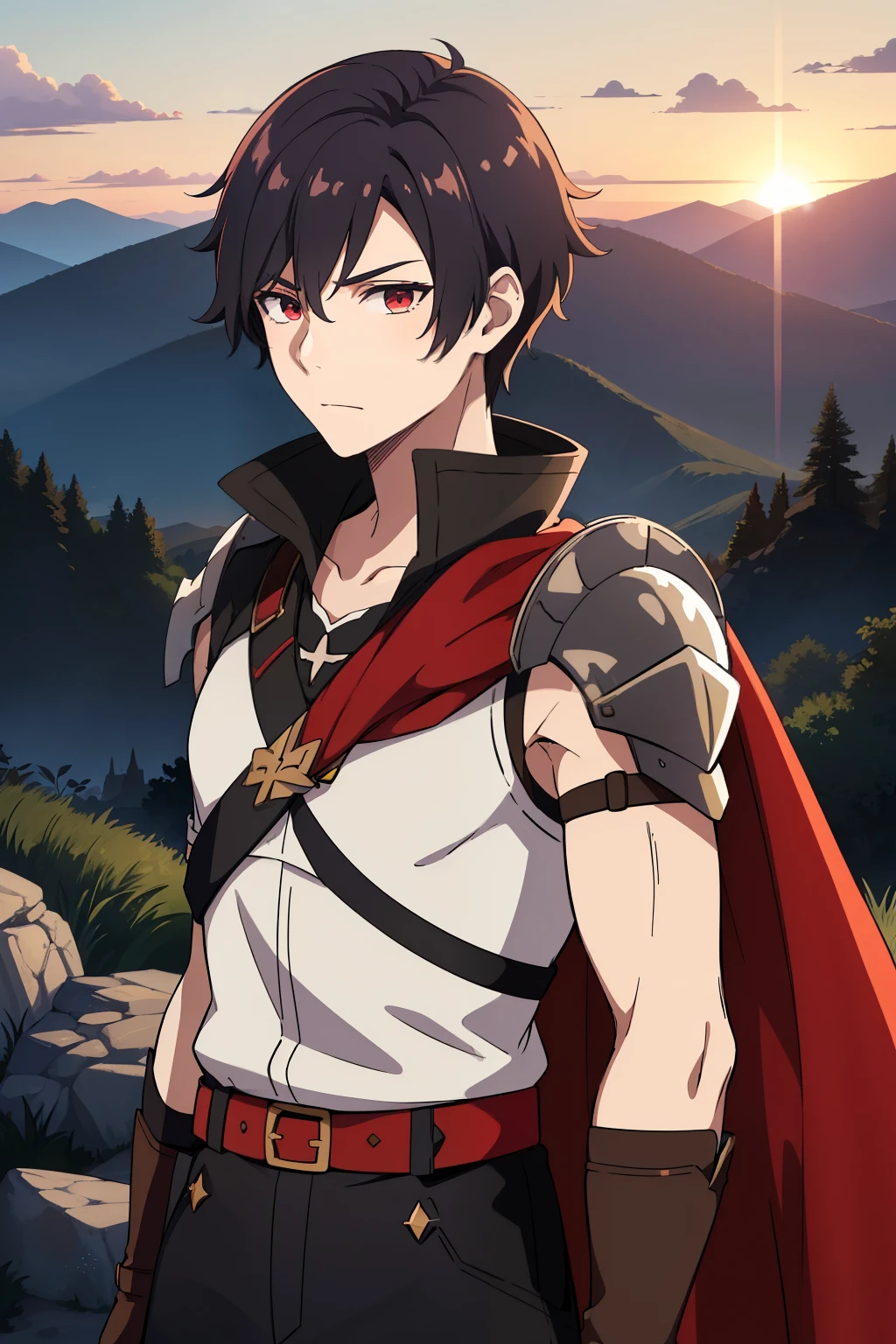 (high-quality, breathtaking),(expressive eyes, perfect face) 1boy, male, solo, young adult, Symmetrical Eyes, portrait, black hair, red eye color, short hair length, messy loose hair, neutral expression, soft smile, white shirt, black cloak red trim, fantasy attire, adventurer profession, sunset sky, summer theme, armor, cape
