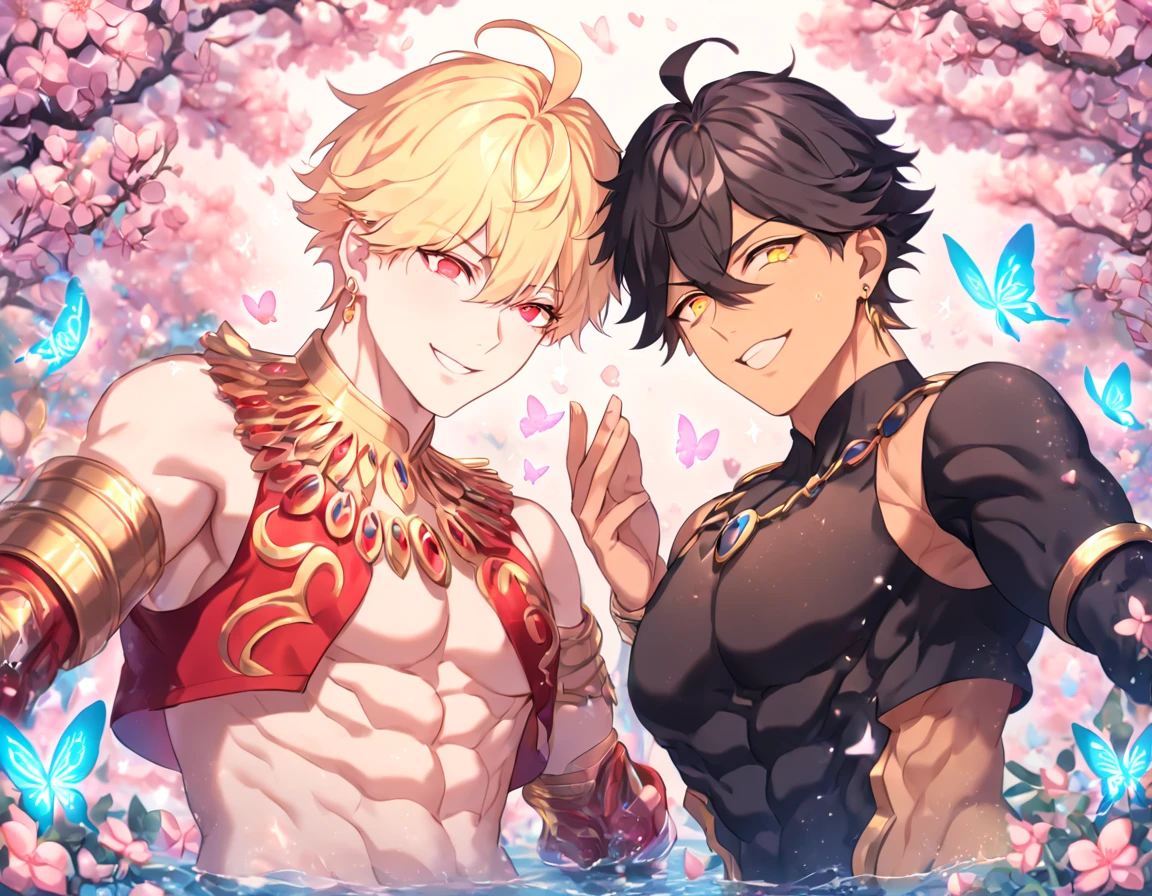 Ultra detailed, Highres, absurdres, HDR, master piece, Gilgamesh, blond hair, expressive red eyes, Diarmuid Ua Duibhne, black hair, expressive yellow eyes, mole under his eye, Fate Grand Order, two sexy man together, gay couple, love, extremely detailed eyes and face, water, pink flowers, blossoms, petals, fantasy, magic, best quality, sexy, toned chest, black clothes, handsome, yaoi
