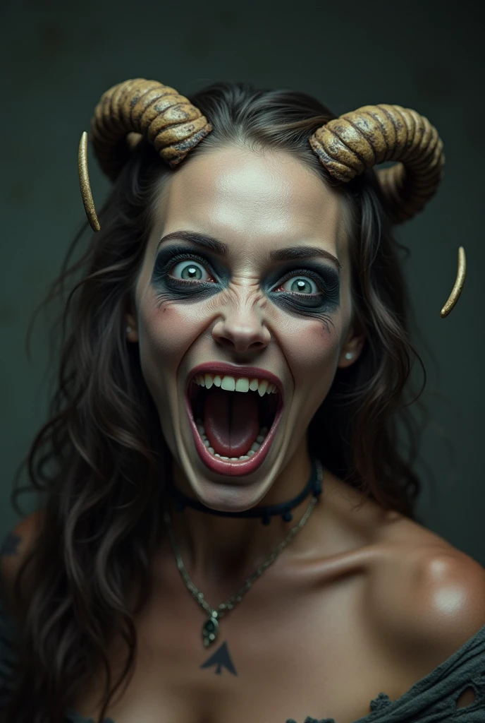 A portrait of a demonic girl, two horns, beautiful eastern facial features, evil smile showing teeth, red piercing cold eyes with no pupils, dark skin, a crescent symbol on her forehead