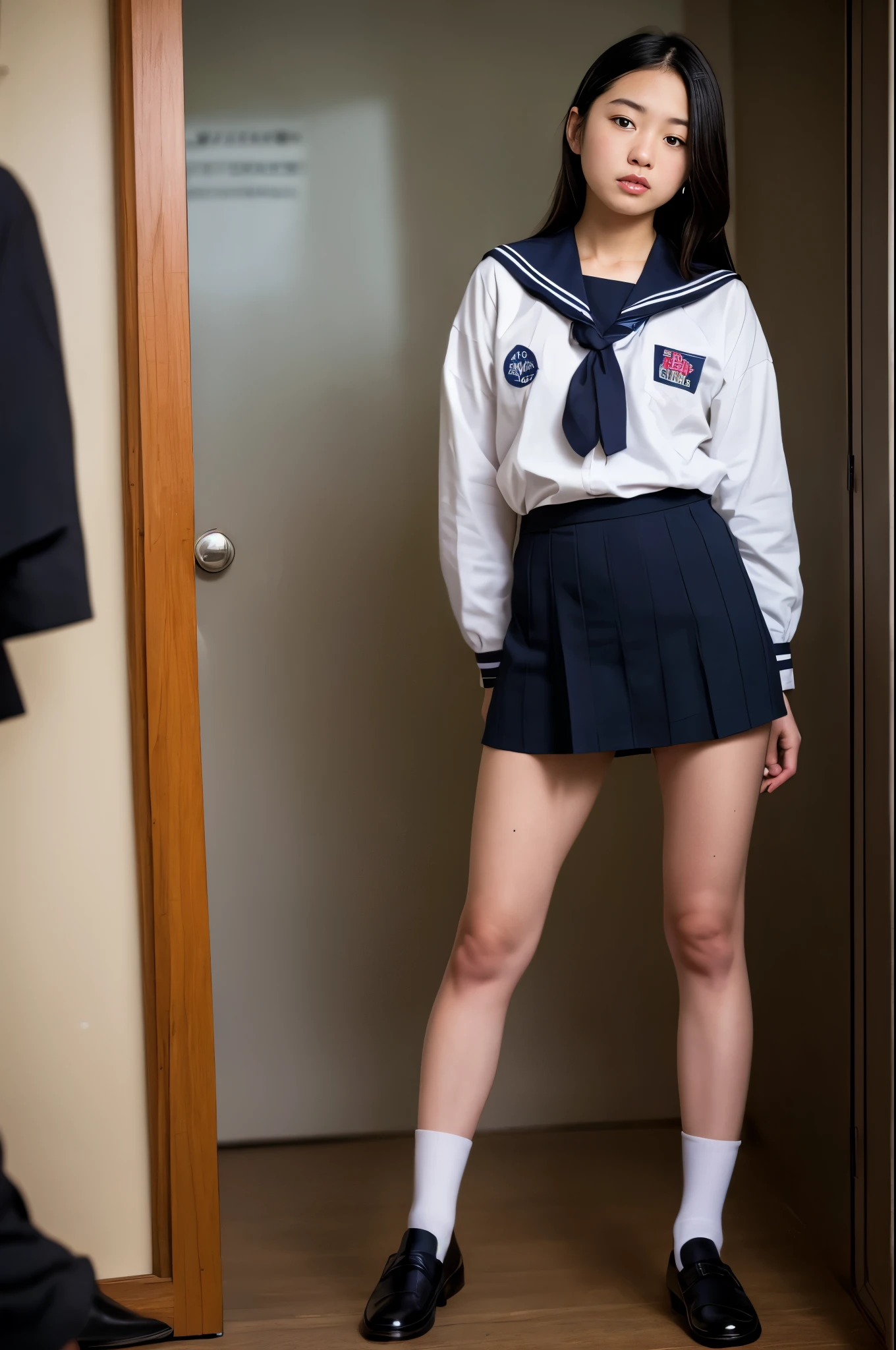 Traditional sailor uniform、Black Loafers、Japanese high school students、1 female, RAW shooting, (realism: 1.8, Realistic),One person'S, Looking into the camera, ((Straight from the front))), (High Quality Skins: 1.8, Glowing Skin)), 8K Ultra HD, Digital SLR, Soft lighting, Fujifilm XT3, (whole body: 0.5) (Professional Lighting: 1.6), (((Micro Bikini Underwear))), Stand in front, Japanese women, 足首からwhole bodyまで, Shot looking up from your feet, Long Back Double, height: 160cm, Weight 50kg, (((Black Pantyhose)))、Hotel Rooms