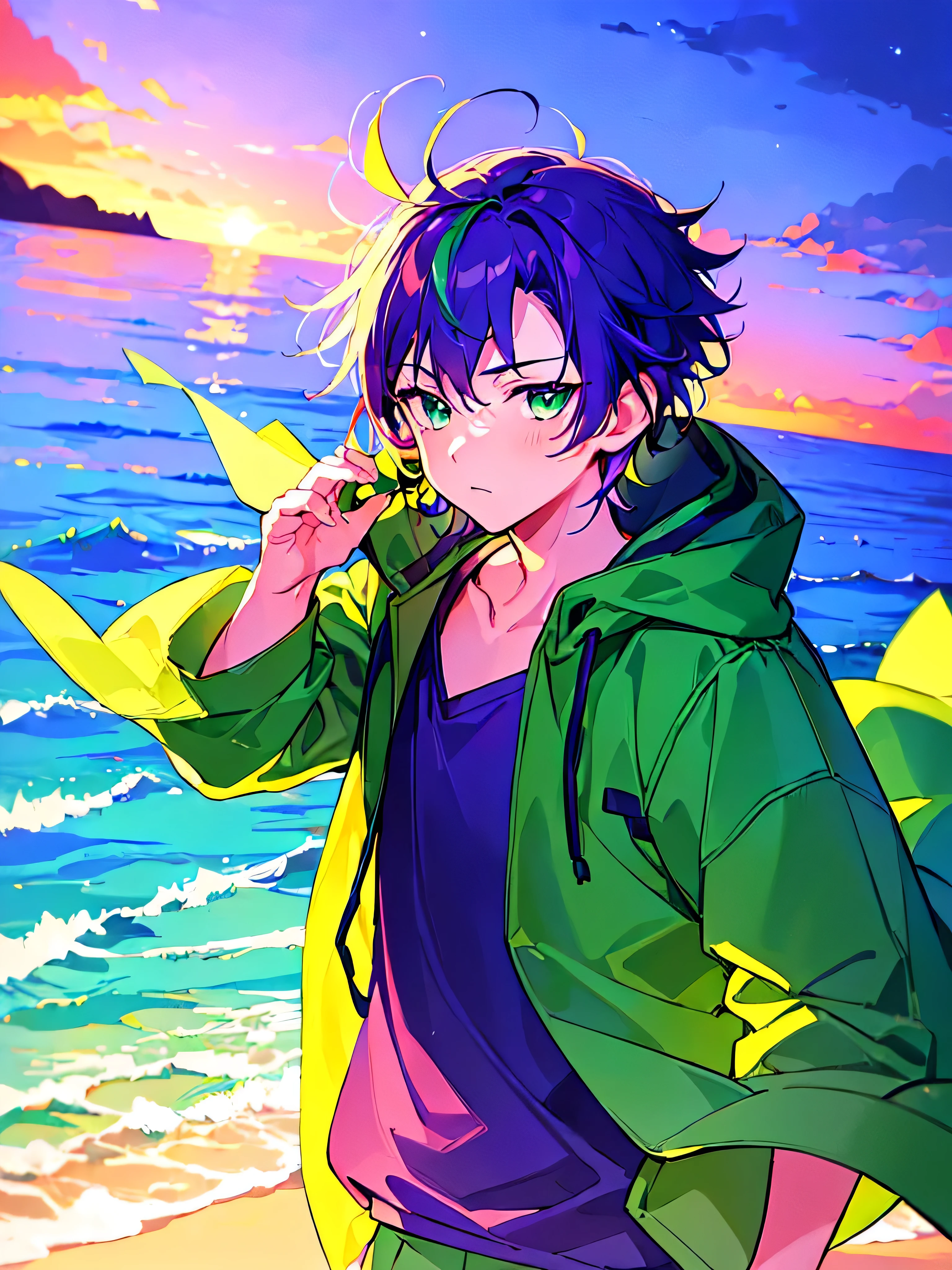 [(SUMMER BACKGROUND:1.5),::5], ((((masterpiece)))), high quality, ultra very high resolution, full color, (((solo))), (()), ((men's Purple hair)), (Green streaked hair), (Green eyes), anime, ((upper body)), neon light, black parka, SEA, SUNSET