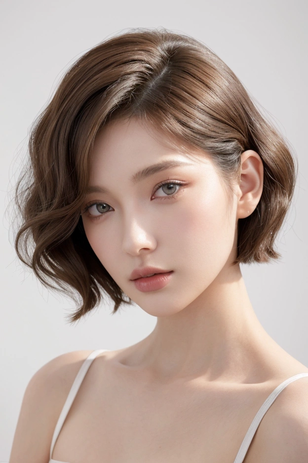 Trendsetting salon model with transparent, medium-short hair styled in a chic wolf cut with light,  tapered curls and a bright glod-brown hair color. Shot outdoors against a pure white wall with a blue-tinged white balance and very bright exposure settings. The makeup is subtle yet enhances the overall look. The image features a soft focus and light gradation watercolor effect, creating a dreamy quality