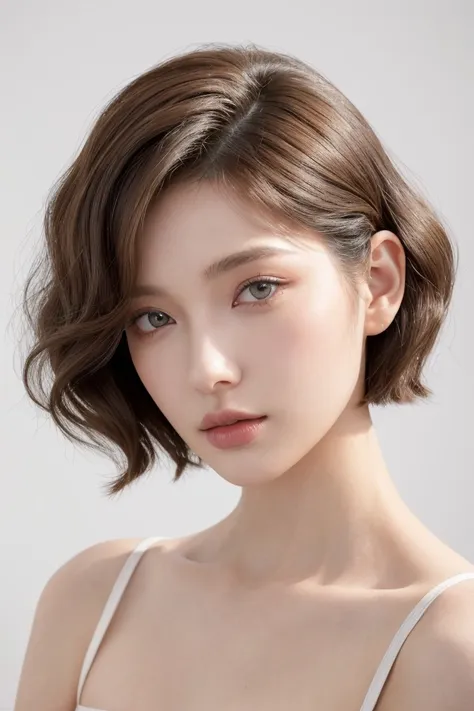 trendsetting salon model with transparent, medium-short hair styled in a chic wolf cut with light,  tapered curls and a bright g...