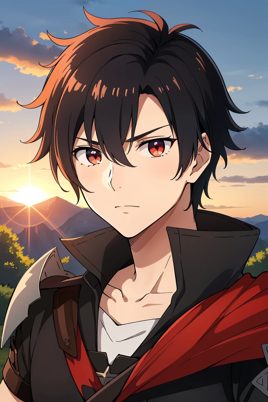 (high-quality, breathtaking),(expressive eyes, perfect face) 1boy, male, solo, young adult, Symmetrical Eyes, portrait, black hair, red eye color, short hair length, messy loose hair, neutral expression, soft smile, white shirt, black cloak red trim, fantasy attire, adventurer profession, sunset sky, summer theme, armor, cape
