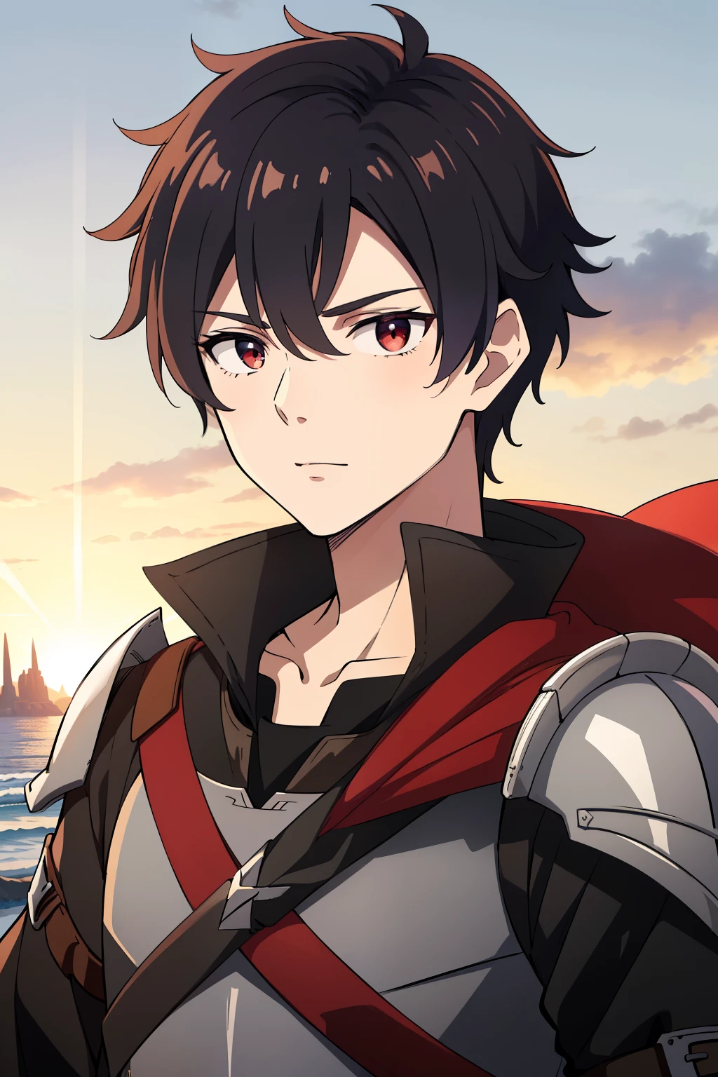 (high-quality, breathtaking),(expressive eyes, perfect face) 1boy, male, solo, young adult, Symmetrical Eyes, portrait, black hair, red eye color, short hair length, messy loose hair, neutral expression, soft smile, white shirt, black cloak red trim, fantasy attire, adventurer profession, sunset sky, summer theme, armor, cape
