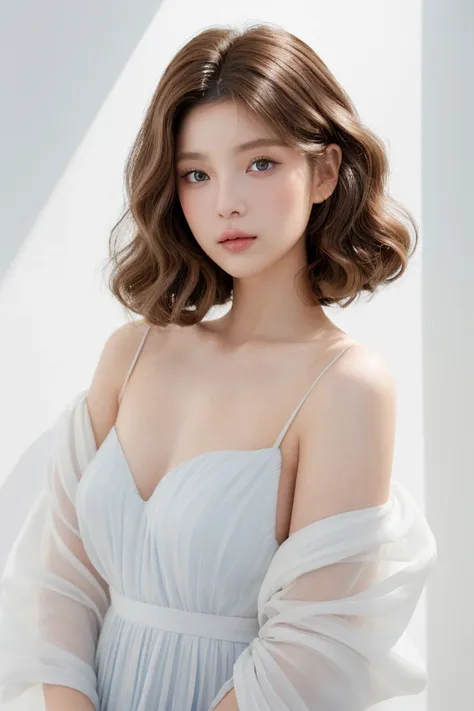 trendsetting salon model with transparent, wolf cut with light, tapered curls and a bright ash-brown hair color. shot outdoors a...