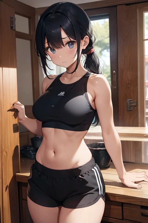 air groove \(umamusume\) in sexy mini shorts and sports bra, crouched deadlifting with a bar with her back facing a gym mirror, sweating, High Resulution, UHD, detailed image.