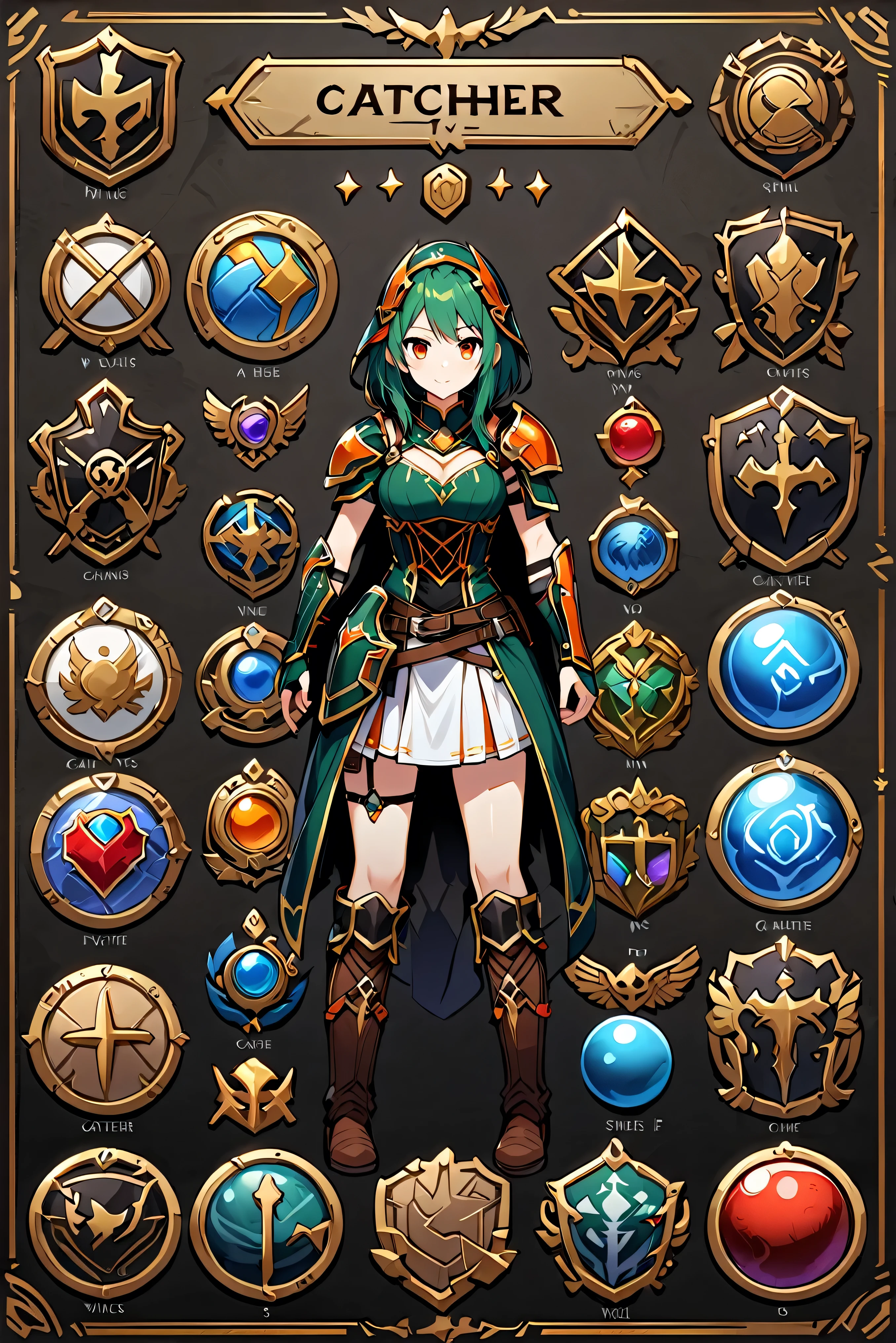 Framed Presentation of a catcher, Female character design sheet for video games with detailed accessories, long boots, Multiple icons, And fantasy costumes,mini skirt,catcher, Ball gown, A button that allows you to customize your character as you wish., sphere,(Game Icon),Medal Icon,Role-playing,(Shield icon),(Magic Icon),28 icons,