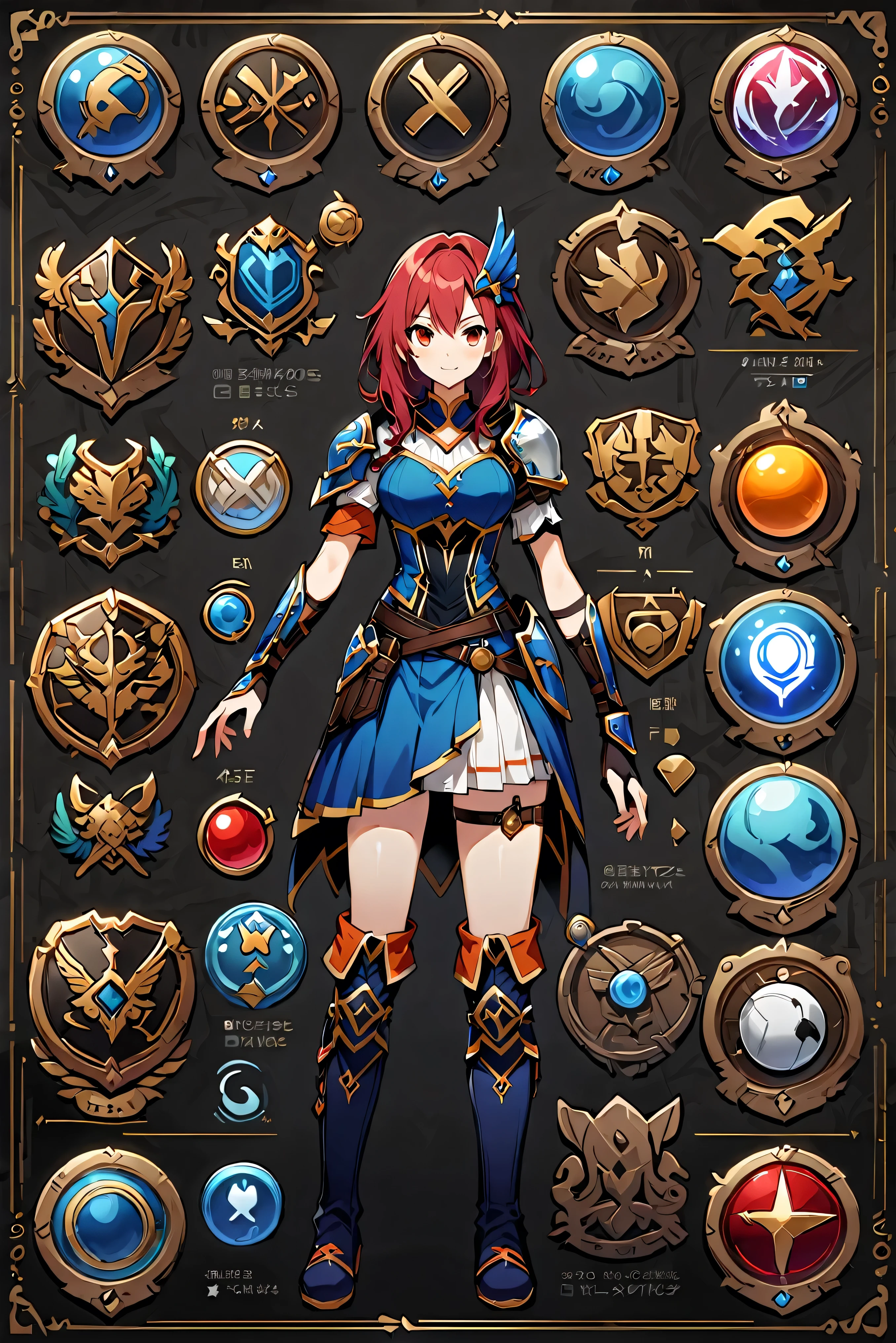 Framed Presentation of a catcher, Female character design sheet for video games with detailed accessories, long boots, Multiple icons, And fantasy costumes,mini skirt,catcher, Ball gown, A button that allows you to customize your character as you wish., sphere,(Game Icon),Medal Icon,Role-playing,(Shield icon),(Magic Icon),28 icons,
