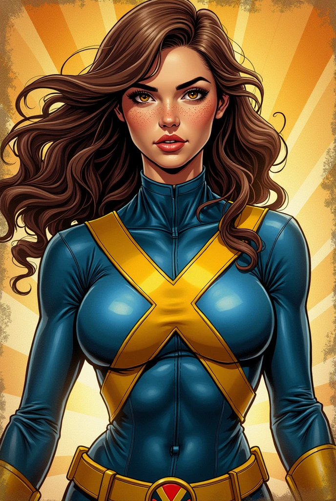 beautiful woman , 21 years old , very beautiful, blue eyes, curly brown hair, yellow leather pans, blue shirt, big ass, busty. Comic style. Marvel comics style