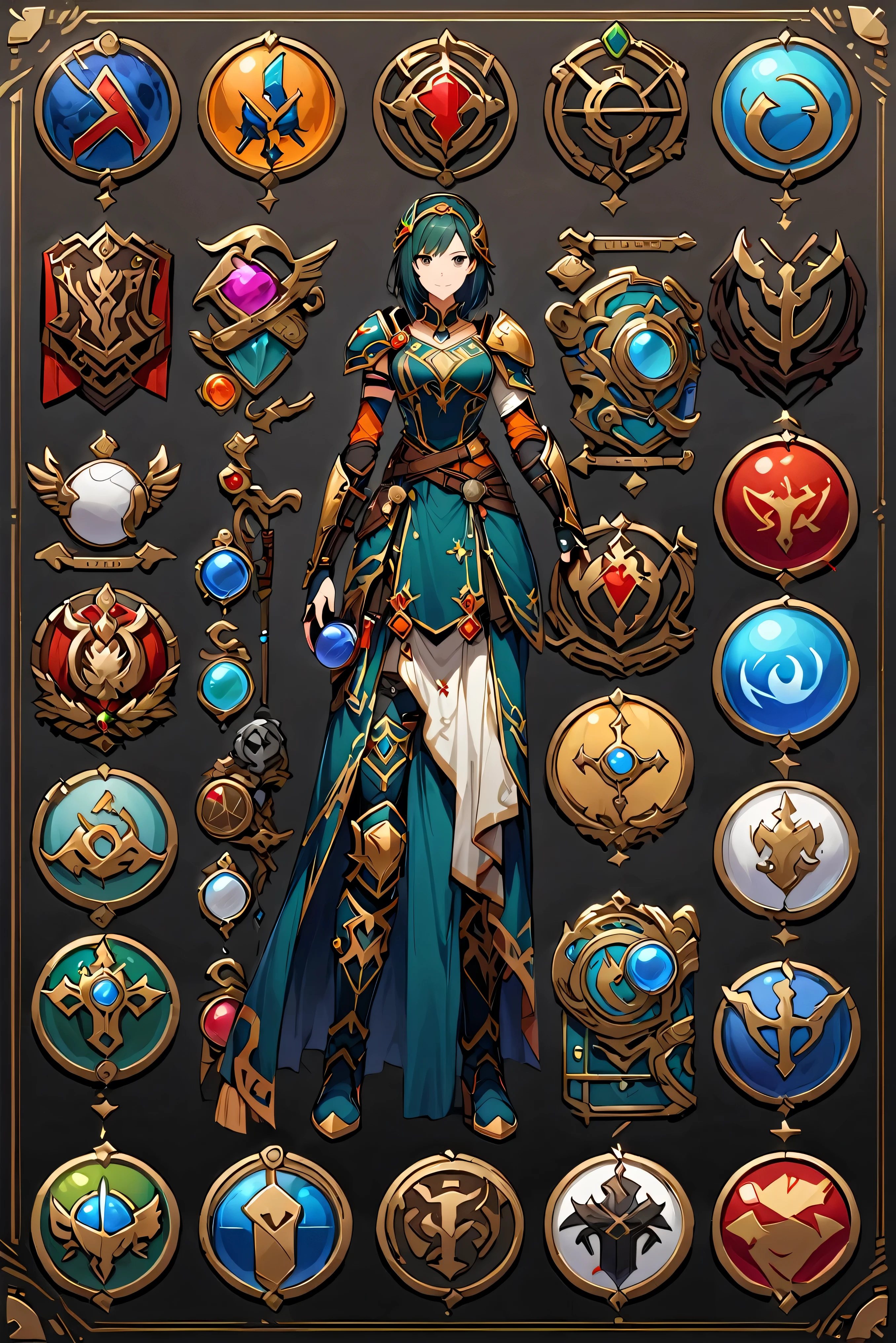 Framed Presentation of a catcher, Female character design sheet for video games with detailed accessories, long boots, Multiple icons, And fantasy costumes,mini skirt,catcher, Ball gown, A button that allows you to customize your character as you wish., sphere,(Game Icon),Medal Icon,Role-playing,(Shield icon),(Magic Icon),28 icons,