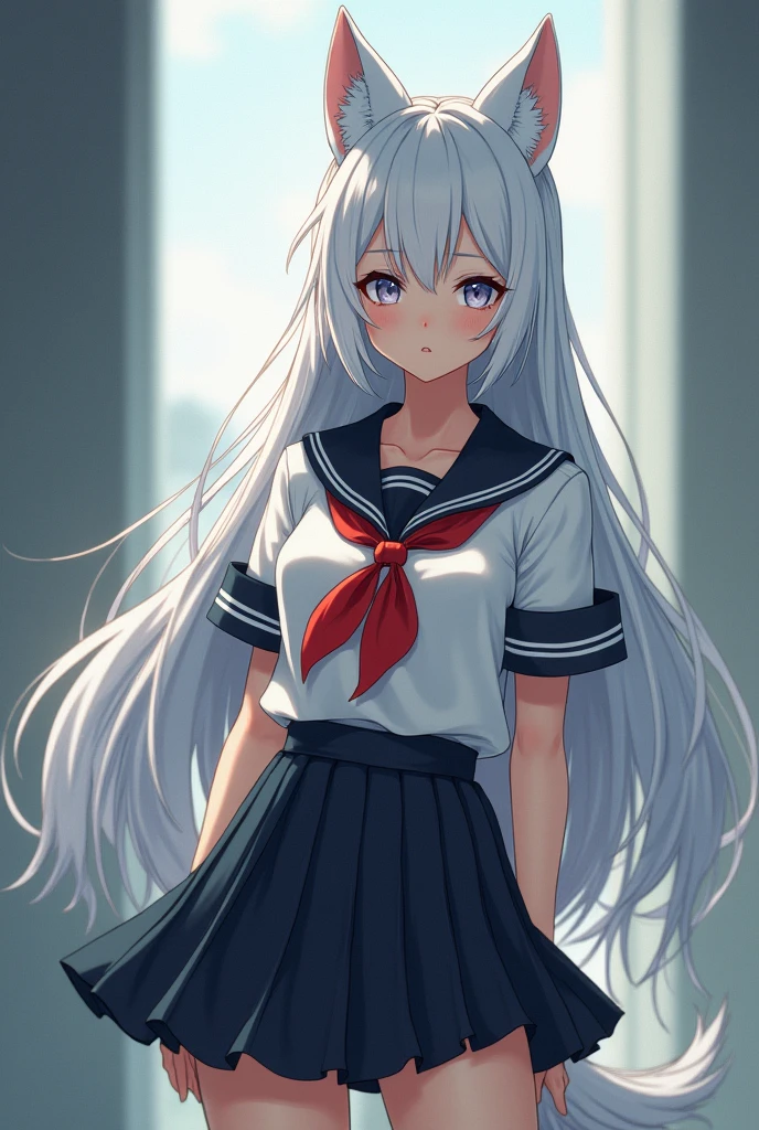 long whitr hair,Laugh with dimples,165,Striped short sleeves,Denim skirt,female,are standing,school ground