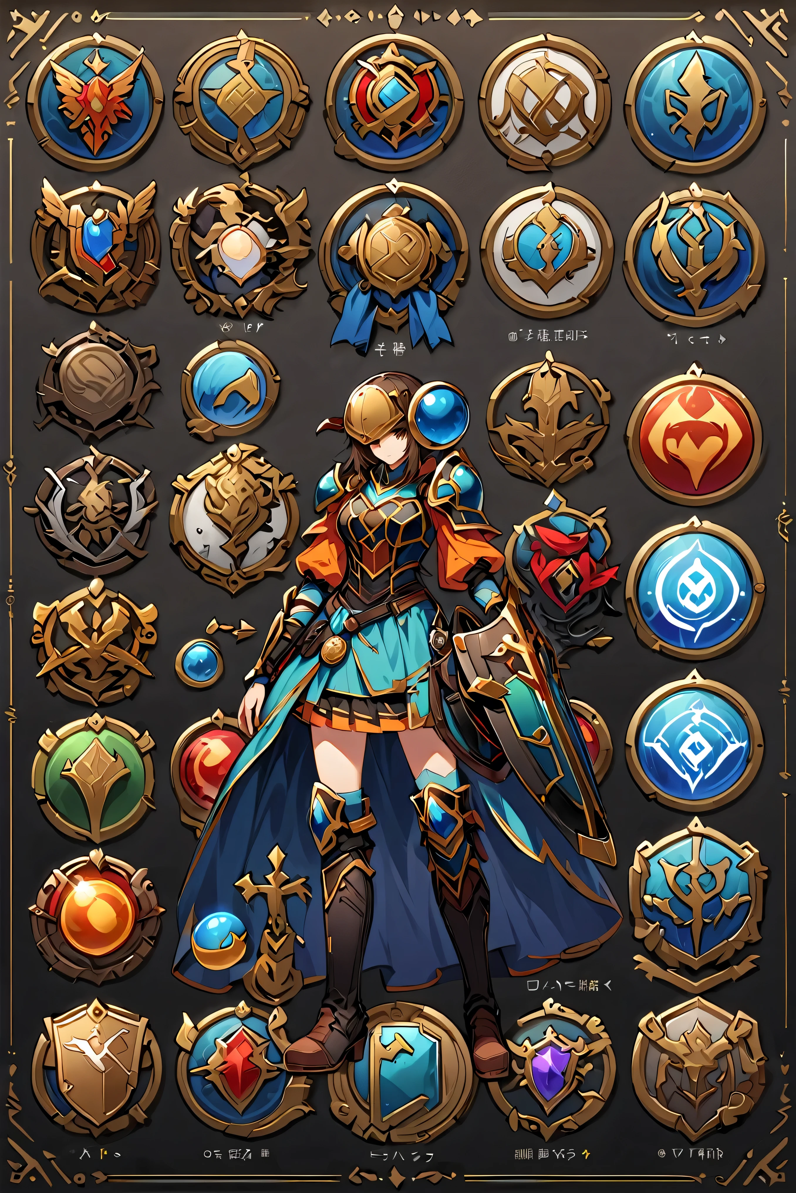 Framed Presentation of a catcher, Female character design sheet for video games with detailed accessories, long boots, Multiple icons, And fantasy costumes,mini skirt,catcher, Ball gown, A button that allows you to customize your character as you wish., sphere,(Game Icon),Medal Icon,Role-playing,(Shield icon),(Magic Icon),28 icons,