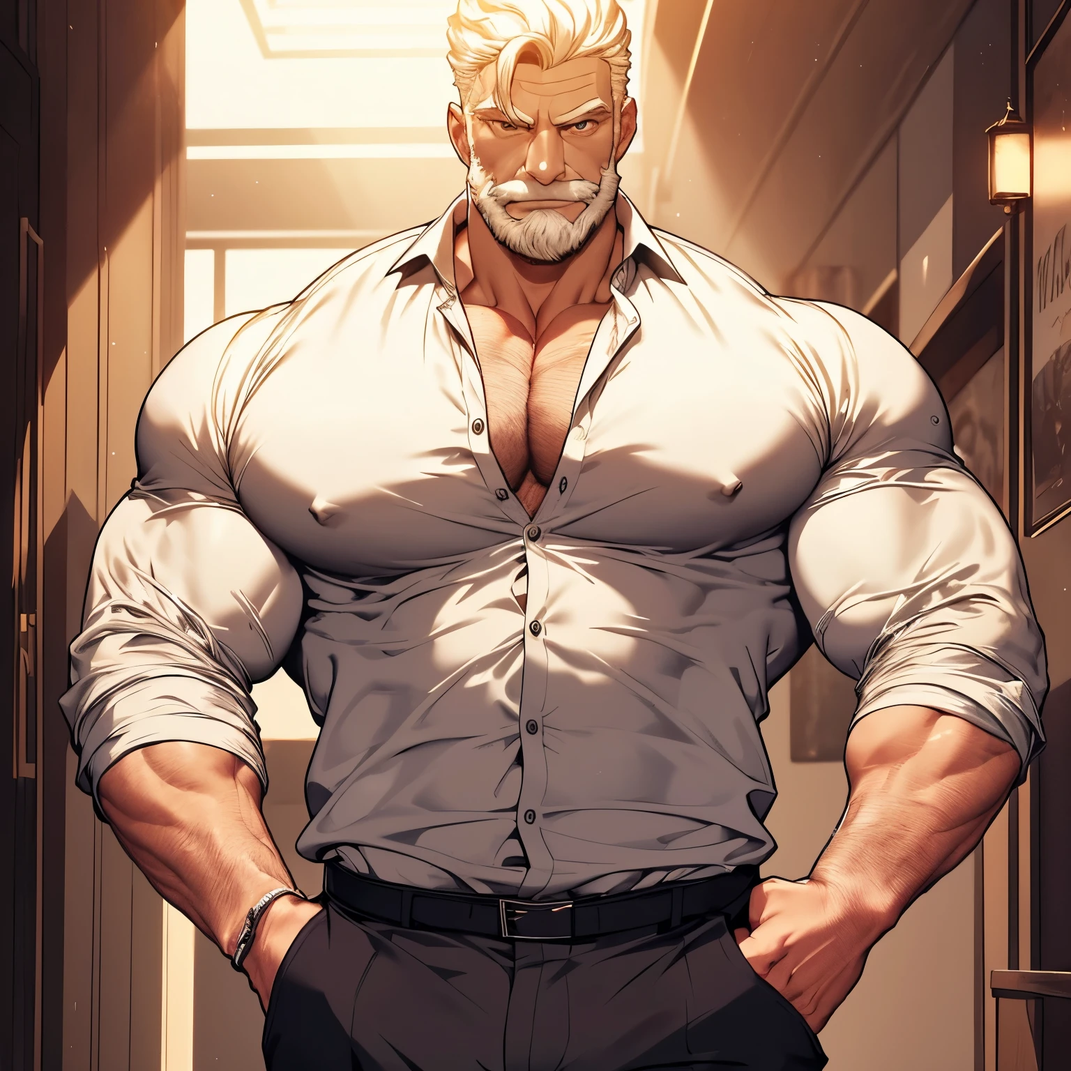 An attractive old businessman, Alpha male, bodybuilder muscle, very detail face, detail eyes, Stately, wearing a formal shirt with the top buttons of the shirt open at the chest, tight pants, very detail clothes, chest neckline, muscular chest, big bulge, penis marking on pants, gazing at viewer, pose Stately, beard that makes the face look square, he's serious, Wonderful highly detailed masterpiece, beautiful cinematic light deep focus, chic, digitalpainting, smooth ass, sharp focus, golden ratio, dramatic lighting, 8k, pixiv, only