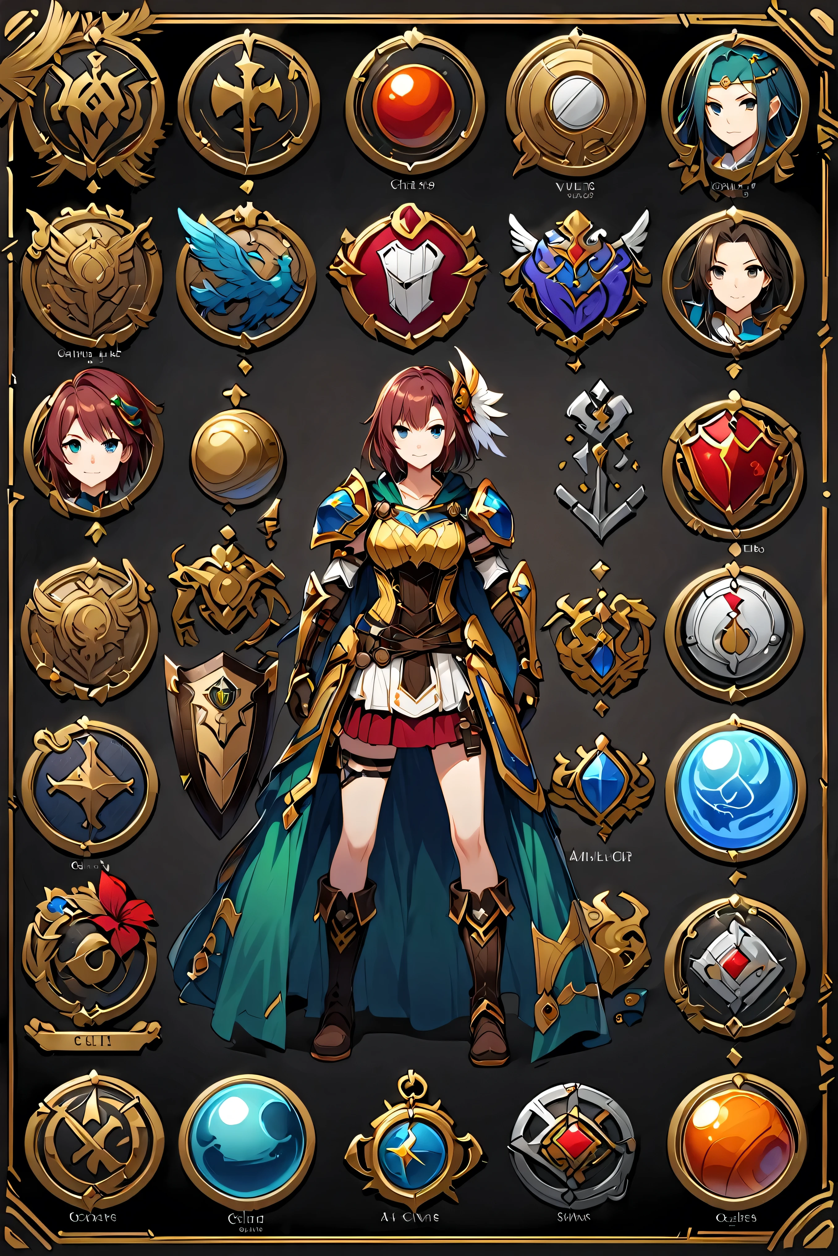 Framed Presentation of a catcher, Female character design sheet for video games with detailed accessories, long boots, Multiple icons, And fantasy costumes,mini skirt,catcher, Ball gown, A button that allows you to customize your character as you wish., sphere,(Game Icon),Medal Icon,Role-playing,(Shield icon),(Magic Icon),28 icons,