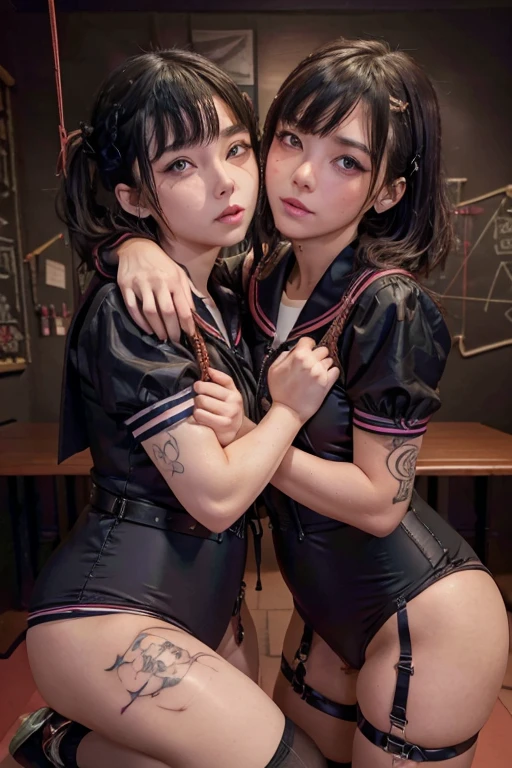 Browsing Caution,(Tabletop:1.2, Highest quality:1.2), 32k HDR, High resolution, ((Two contrasting women)),((Two women in love)),((Two women hugging each other)),Japanese women,(tattoo),Goth Punk Haircut, Flat bangs, Outdoor,Black lipstick, Center of chest, Earrings,Crouching posture,両足を開いてSquat,Show your crotch,Both arms are chained,handcuffs,Showing nipples,One is blonde,Dimly lit room,Squat,Embarrassing, Watery eye,Sad expression,Looking into the camera,Very beautiful eyes, Flat Chest,Tragic,Fleeting Expression,((I have both)),((The penis is growing)),((ejaculation)),((Rubbing the penis)),((Straight erect penis)),((全身にtattoo)),(Deep Kiss),(constrained),(rope),(bondage),(ropeで縛られている),(Tortoiseshell binding),Dedication,inhale,Lick,(Hanging),((Sailor suit)),classroom,((School)),(uniform),((Sailor suitの女生徒)),