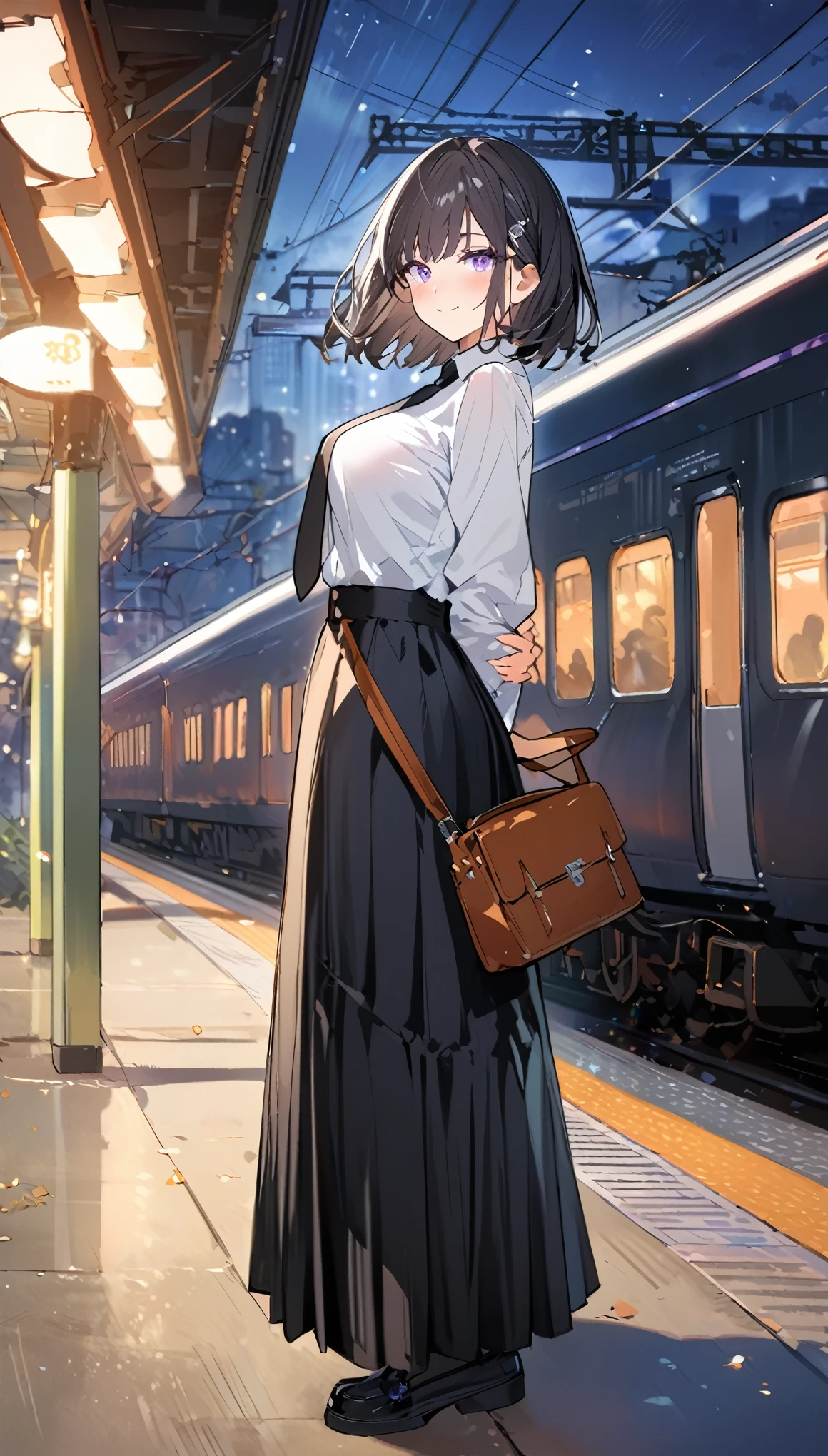 score_9, score_8_up, score_7_up, source_anime, illustration, best quality, amazing quality, night days, volumetric lighting, Cinematic lighting, absurdres, rating_safe, very aesthetic, 1girl, purple eyes, wariza, medium hair, bob cut with layers, black hair, portrait, starshadowmagician, solo, 1 girl, best perfect anatomy, thin, curvy body, medium breasts, round breasts, close up shot on person, a girl showing happy, smile, blush, medium angle shot, looking at viewer, Hide your arms behind your back, standing pose, white long sleeve formal shirt, black tie, long black maxi skirts, black socks, school shoes, Wearing a school hand bag, dynamic angle. perfect dynamic composition, foreshortening, Waiting train, train station, Stand on the platform,