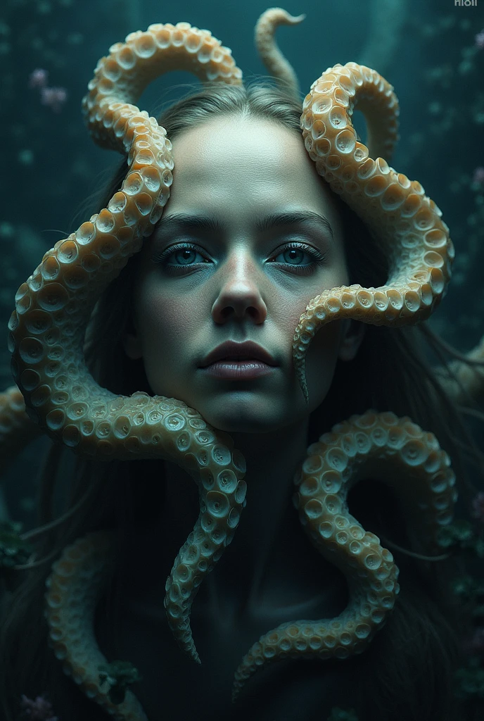 Naked girl with blue eyes has sex with tentacles and squirts cum