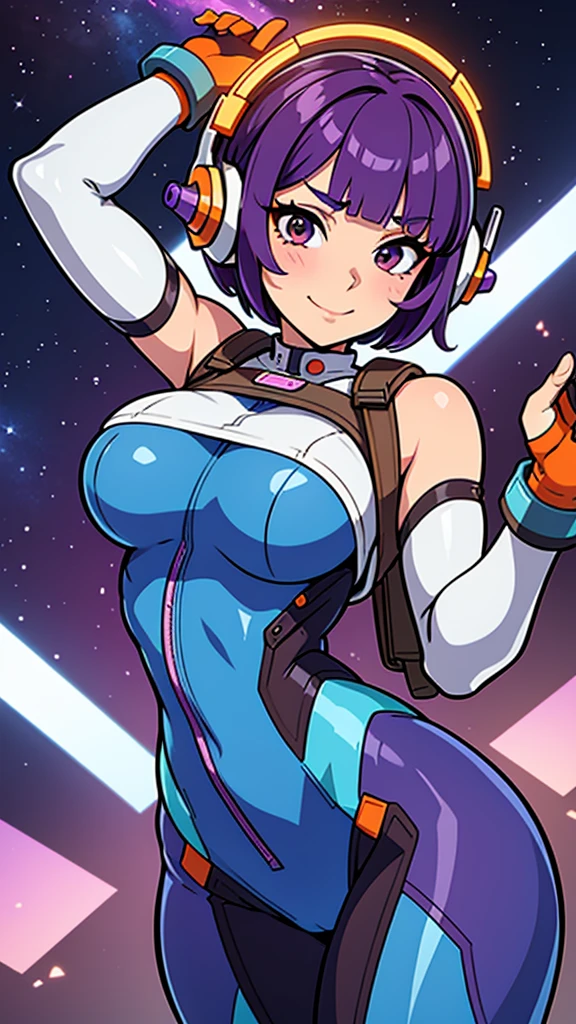 Juno_Overwatch_2, short hair, messy hair, purple hair, bangs, brown eyes, white headphones, (nude breasts), blue skintight bodysuit, white backpack, space ranger, blue and orange gloves, long eyelashes, cute face, wide smile, excitement, she's very adventurous, living room background, pink nebula's in the surroundings
