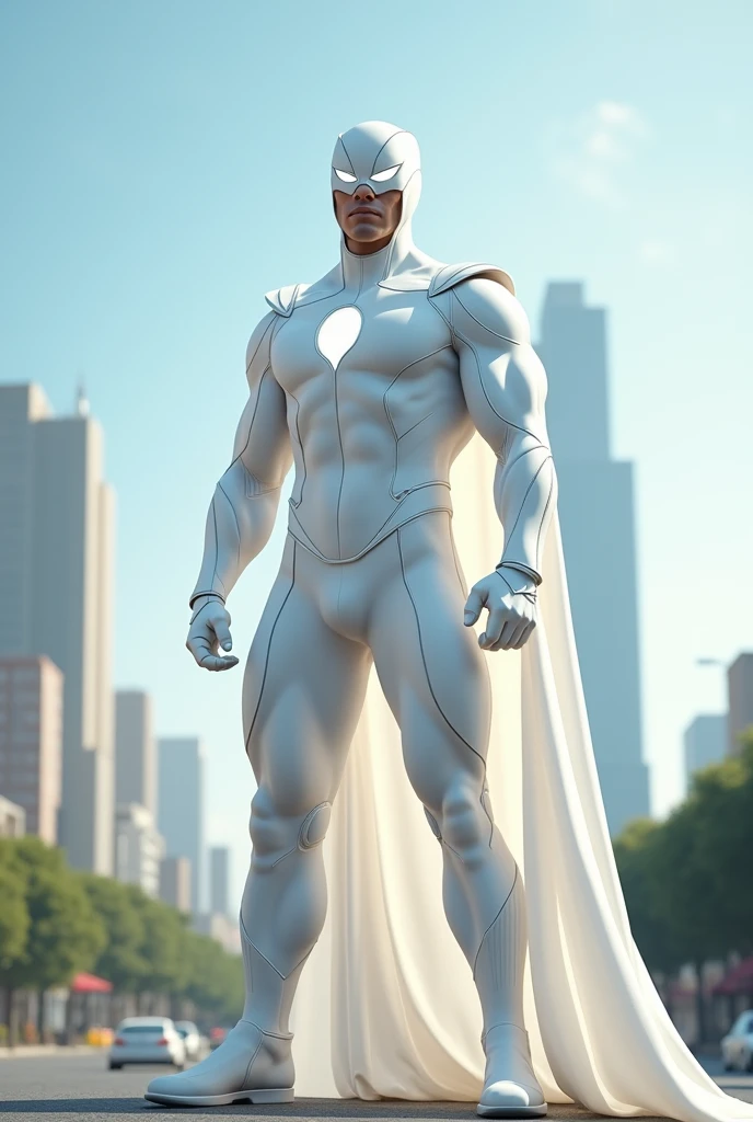 A young, thin African American man who is a Marvel superhero. His suit is white with a red cape and a white mask.