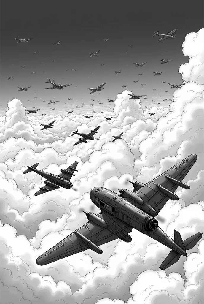 NauSKaaValOfWi, monochrome, greyscale, explosion, no_humans, aircraft, military_vehicle, airplane, military, world_war_ii, traditional_media, cloud, sky, vehicle_focus, smoke, outdoors