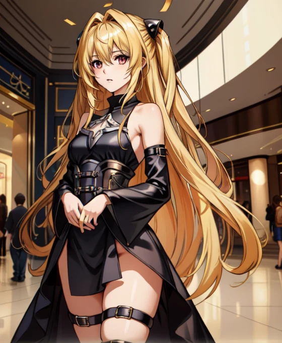 (masterpiece, Highest quality),  Intricate details,
One girl,   Golden_darkness, Long Hair, very Long Hair, Both sides up, hair ornaments, Medium chest, Hair Intake, Hair between the eyes, Golden_darkness, Long Hair, very Long Hair, Both sides up, View your viewers, Thigh straps, hair ornaments, Removable sleeves, Hair Intake, Exposing shoulders, Medium chest, Hair between the eyes, dress, 
small breasts,  indoor, mall, shoping mall