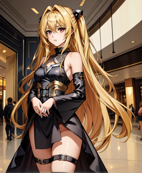 (masterpiece, Highest quality),  Intricate details,
One girl,   Golden_darkness, Long Hair, very Long Hair, Both sides up, hair ornaments, Medium chest, Hair Intake, Hair between the eyes, Golden_darkness, Long Hair, very Long Hair, Both sides up, View your viewers, Thigh straps, hair ornaments, Removable sleeves, Hair Intake, Exposing shoulders, Medium chest, Hair between the eyes, dress, 
small breasts,  indoor, mall, shoping mall