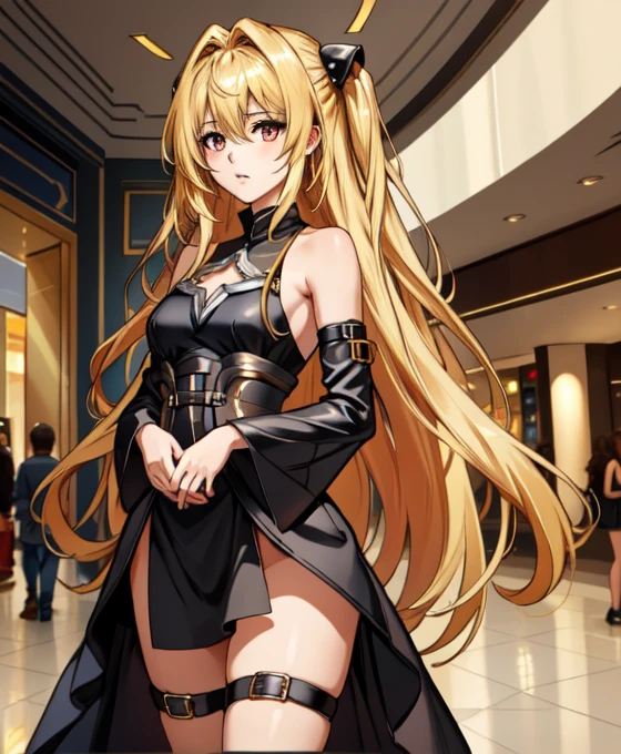 (masterpiece, Highest quality),  Intricate details,
One girl,   Golden_darkness, Long Hair, very Long Hair, Both sides up, hair ornaments, Medium chest, Hair Intake, Hair between the eyes, Golden_darkness, Long Hair, very Long Hair, Both sides up, View your viewers, Thigh straps, hair ornaments, Removable sleeves, Hair Intake, Exposing shoulders, Medium chest, Hair between the eyes, dress, 
small breasts,  indoor, mall, shoping mall