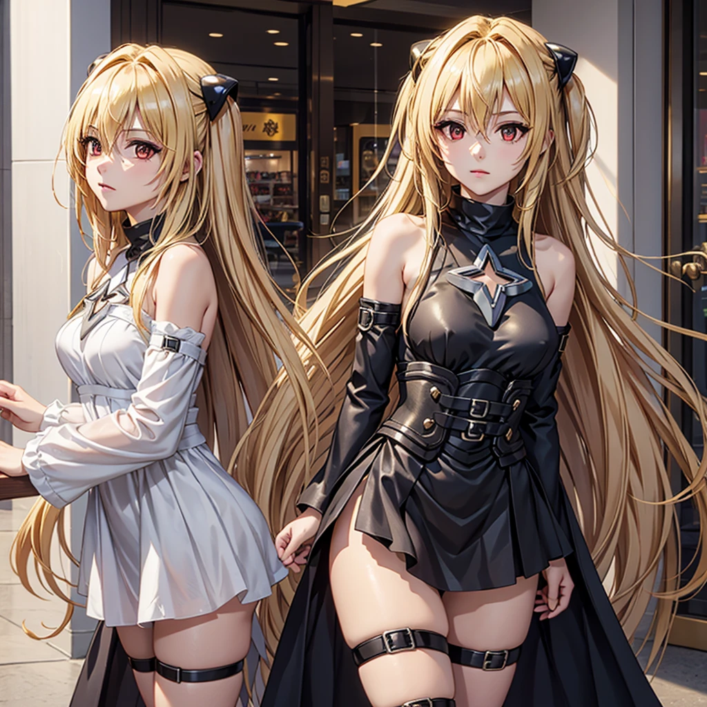 (masterpiece, best quality), intricate details,
1 girl, golden_darkness, long hair, very long hair, double sided up, hair accessory, medium breasts, hair intake, hair between eyes, golden_darkness, long hair, very long hair, double sided up, looking at viewer, thigh straps, hair accessory, detachable sleeves, hair intake, bare shoulders, medium breasts, hair between eyes, dress,
small breasts, indoors, mall, shoping mall