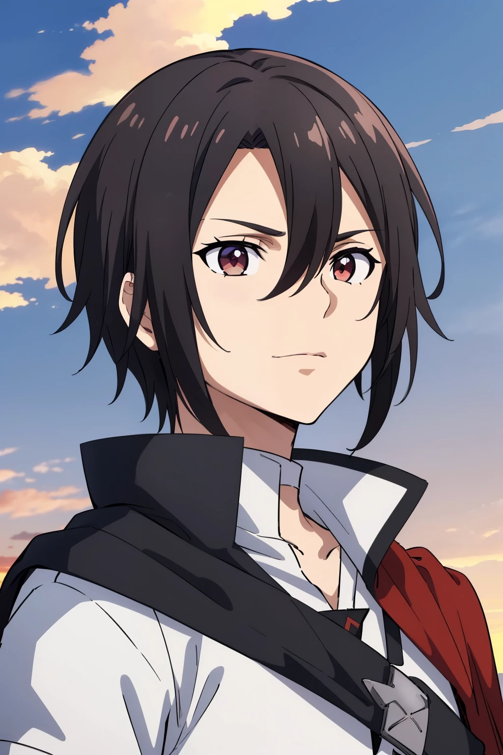 (high-quality, breathtaking),(expressive eyes, perfect face) 1boy, male, solo, young adult, Symmetrical Eyes, portrait, black hair, red eye color, short hair length, messy loose hair, neutral expression, soft smile, white shirt, black cloak red trim, fantasy attire, adventurer profession, sunset sky, summer theme, armor, cape
