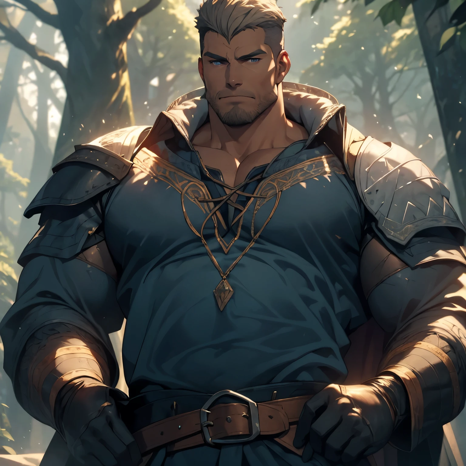 A powerful young prince in a frozen forest, Alpha male, chubby muscle, very detail face, detail eyes, imposing lord, wearing a tight white royal tunic with blue details,  tight pants, very detail clothes, white colored clothes, clothing with a low neckline on the chest, a detailed belt at her waist, muscular chest, gazing at viewer, imponent pose, bright purple eyes, short whitish hair, your hair is combed to the side, beard that makes the face look square, he's serious, Wonderful highly detailed masterpiece, beautiful cinematic light deep focus, chic, digitalpainting, smooth ass, sharp focus, golden ratio, dramatic lighting, 8k, pixiv, only