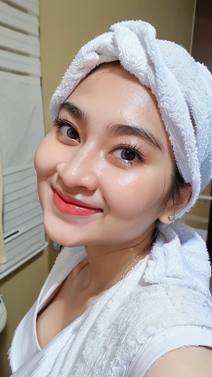 girl with hijab and leggings sitting in a jacuzzi smiling with lipstick