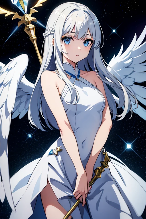 (((Masterpiece))), (((Beautiful Light))), Anime Girl, 1girl, Young, Short Height, Flat Chest, Solo, Wings, Long Hair, Dress, Blue Eyes, White Dress, Priestess Dress, Cape, White Hair, White Pantyhose, Feather Wings, Watching People, Very Long Hair, White Wings, Bangs, Gradient Hair