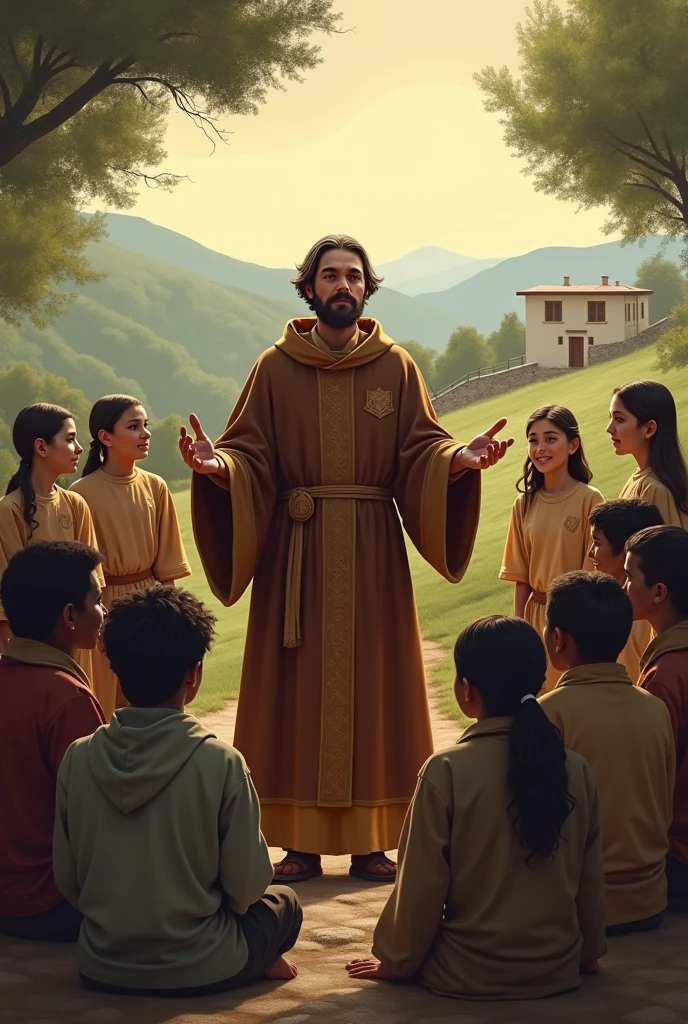 Simple color drawing of people giving money to an adult priest in a village