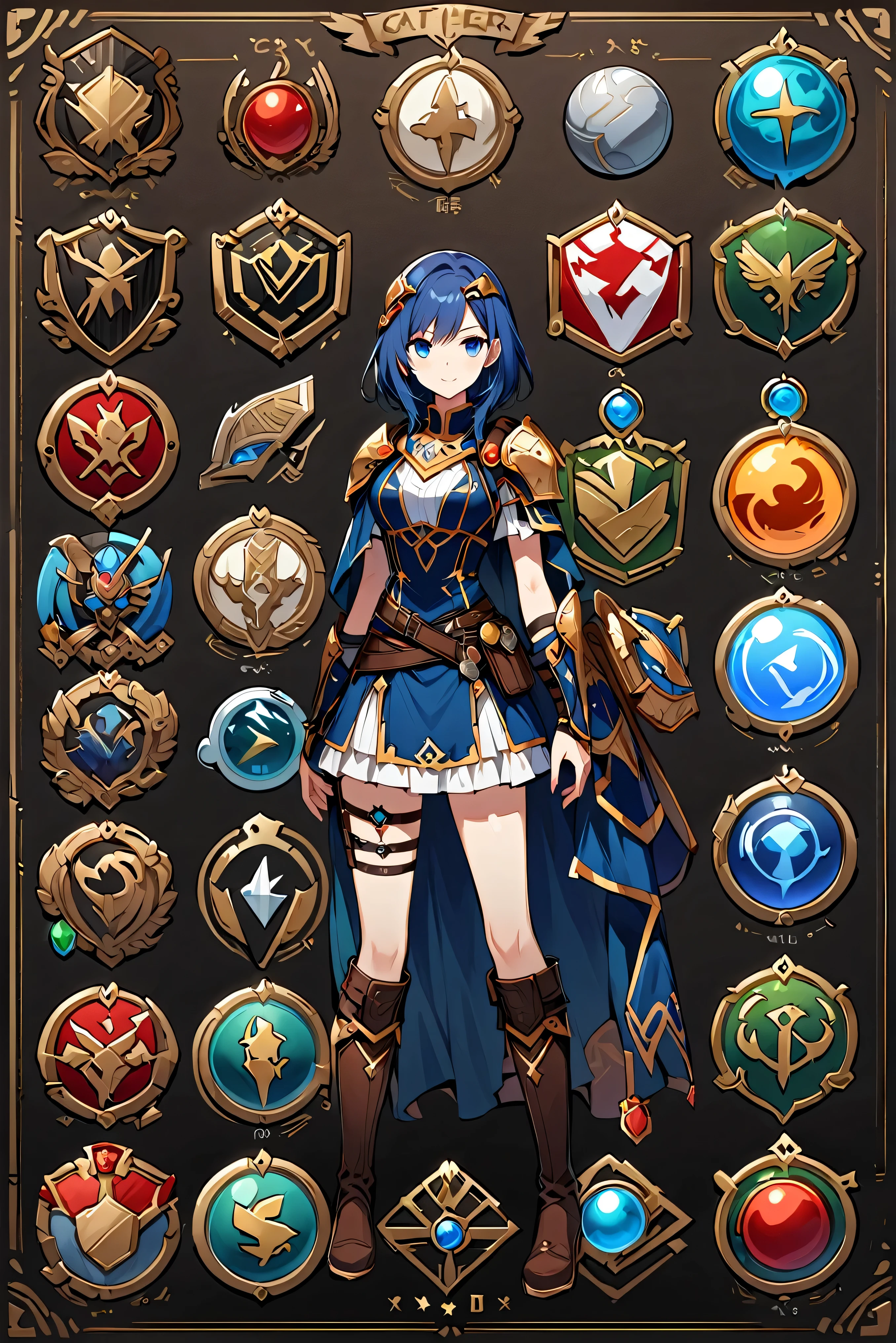 Framed Presentation of a catcher, Female character design sheet for video games with detailed accessories, long boots, Multiple icons, And fantasy costumes,mini skirt,catcher, Ball gown, A button that allows you to customize your character as you wish., sphere,(Game Icon),Medal Icon,Role-playing,(Shield icon),(Magic Icon),28 icons,