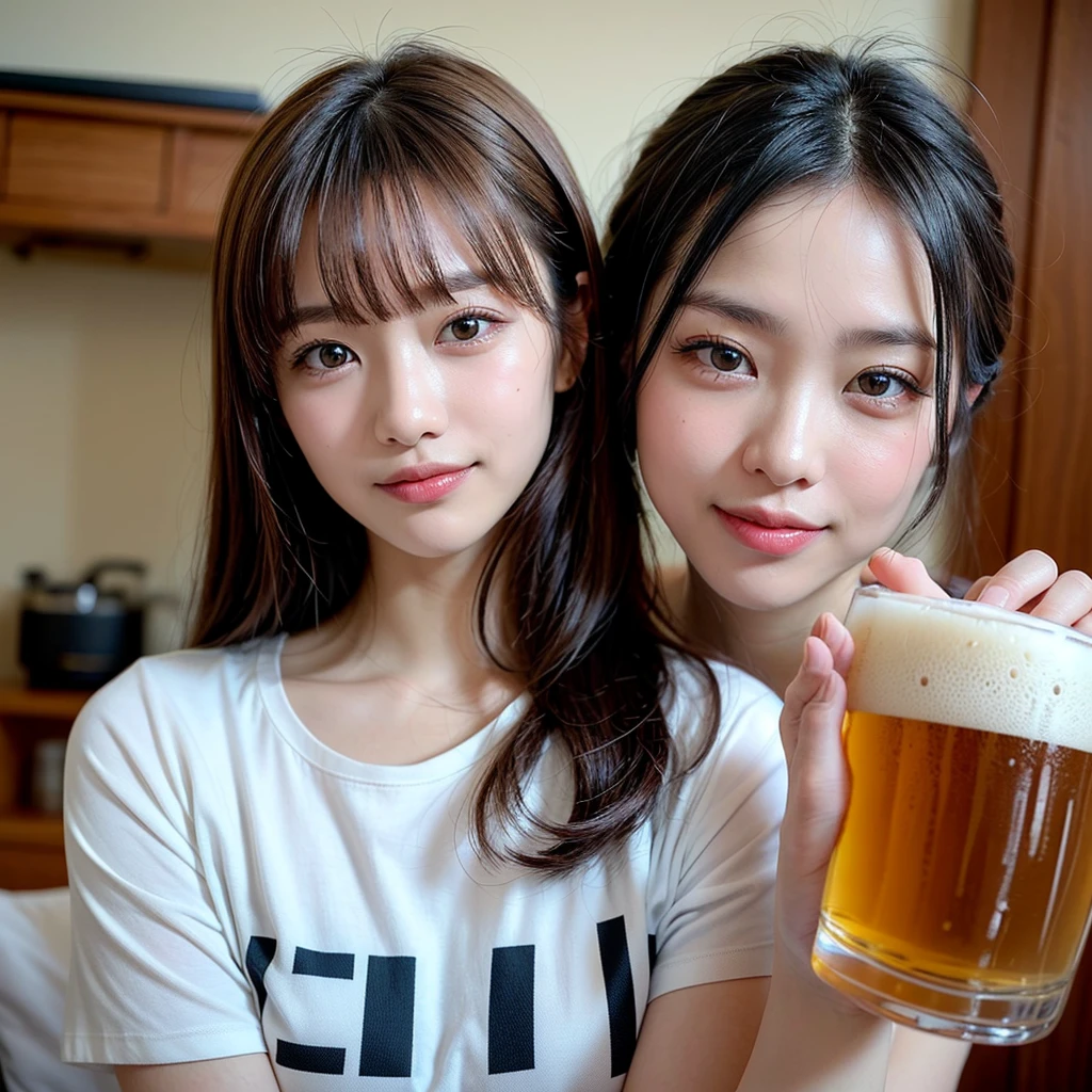 (8K、Raw photography、Photorealsitic:1.25)、1little girl、(20 year old woman with beautiful perfect face、Drink beer deliciously)、The moment you are drinking beer right now、Happy expression of blissful time、sideshot、Holding a beer mug in one hand、Put your mouth on the mug、on a couch、Pink camisole、Pink shorts、lipgloss、long lashes、Beautiful expression、shiny bare skin、top-quality、超A high resolution、a closeup