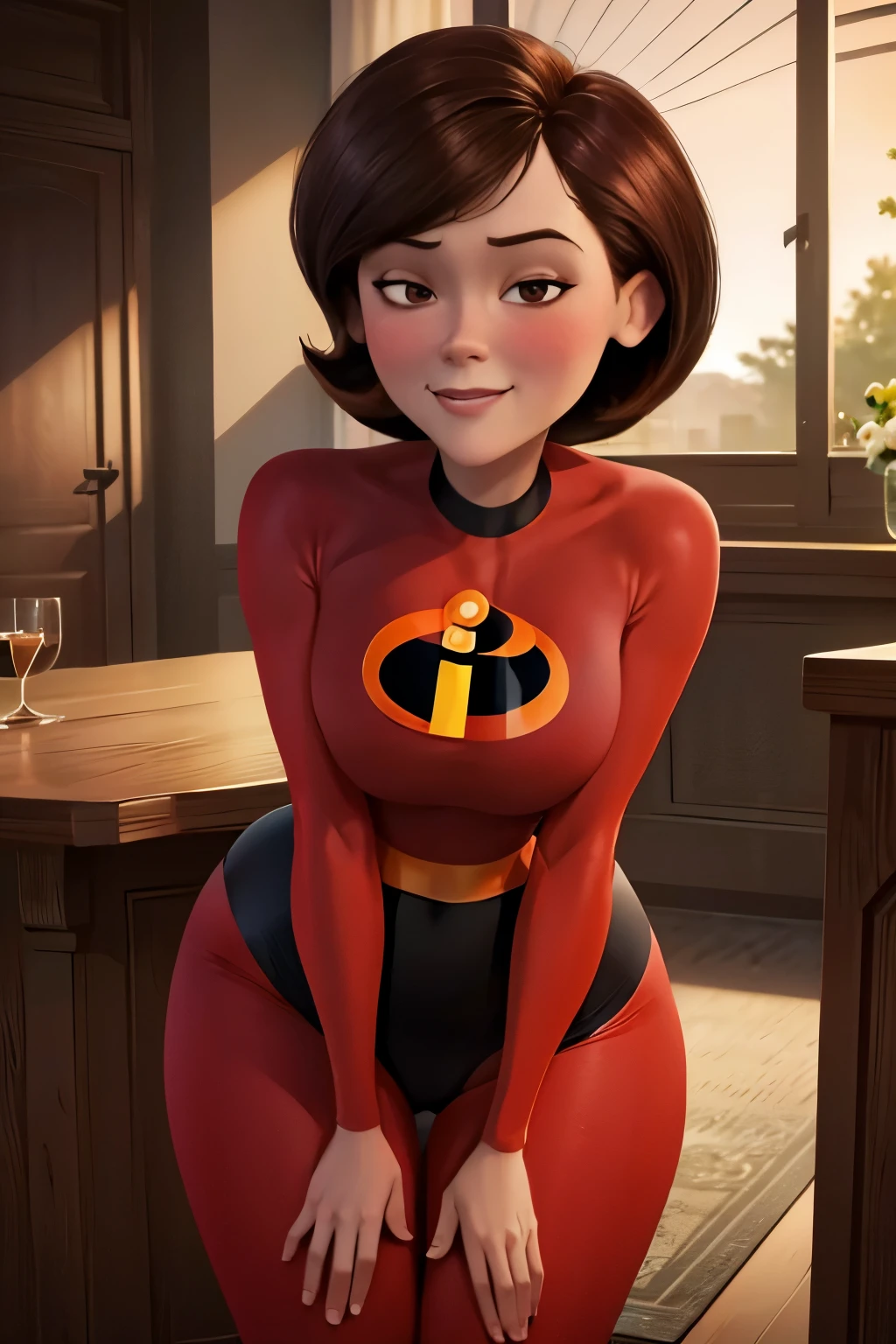 high quality, masterpiece, best quality, helenparr, 3d, 3d character, disney character, the incredibles, helen parr, looking at viewer, closed smile, brown hair, brown eyes, mature female, revealing clothes, forced smile, standing, blush, half-closed eyes, smile, empty eyes/no highlights (Leaning forward:1.5), Arms Down, ((Perfect Anatomy, beautifull detailed face, Beautiful detailed eyes, beautiful detailed hair, Beautiful detailed body)), thick outline, Beautiful outlines, black outlines, short hair, closed mouth, night, warm lighting, indoors