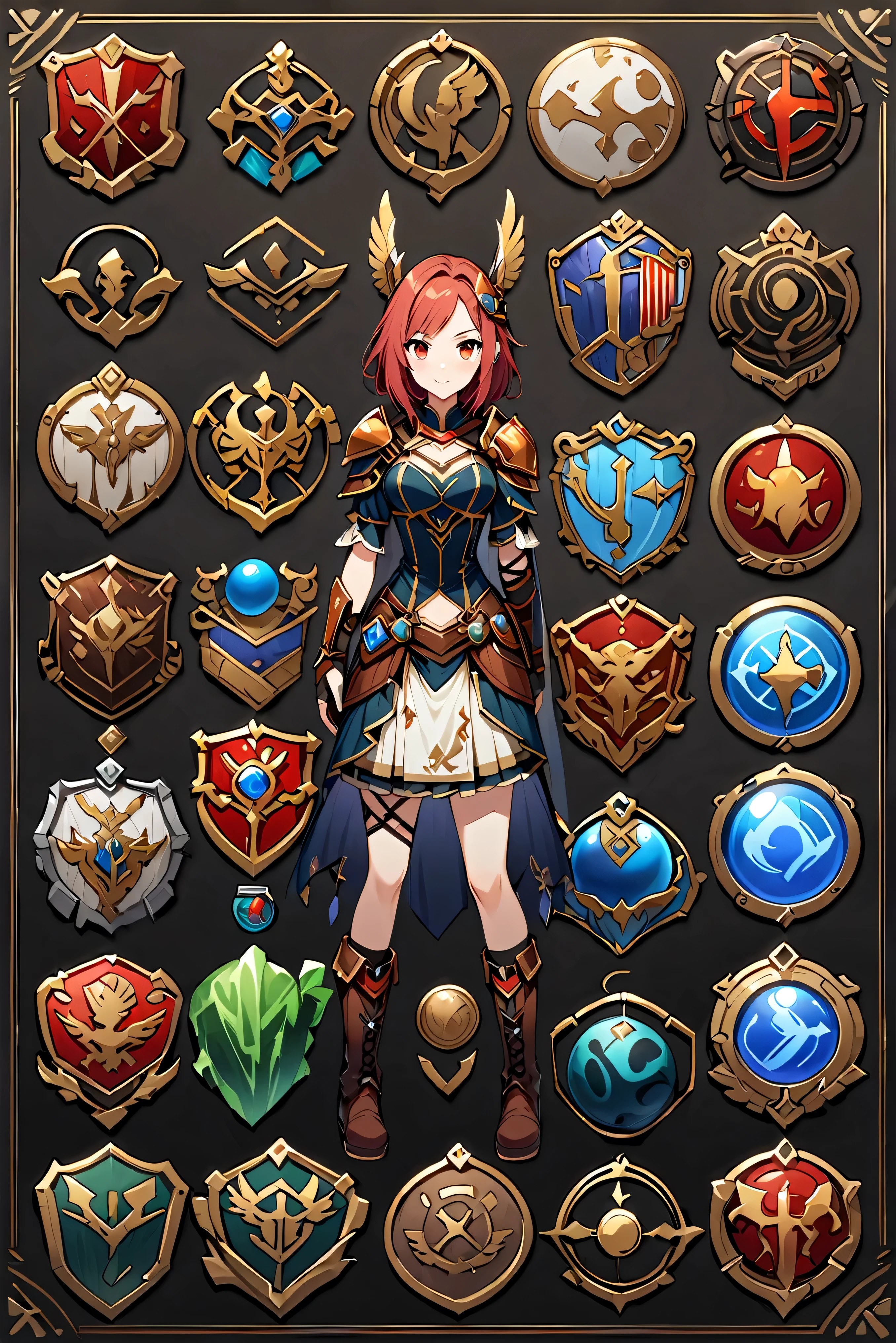 Framed Presentation of a catcher, Female character design sheet for video games with detailed accessories, long boots, Multiple icons, And fantasy costumes,mini skirt,catcher, Ball gown, A button that allows you to customize your character as you wish., sphere,(Game Icon),Medal Icon,Role-playing,(Shield icon),(Magic Icon),28 icons,