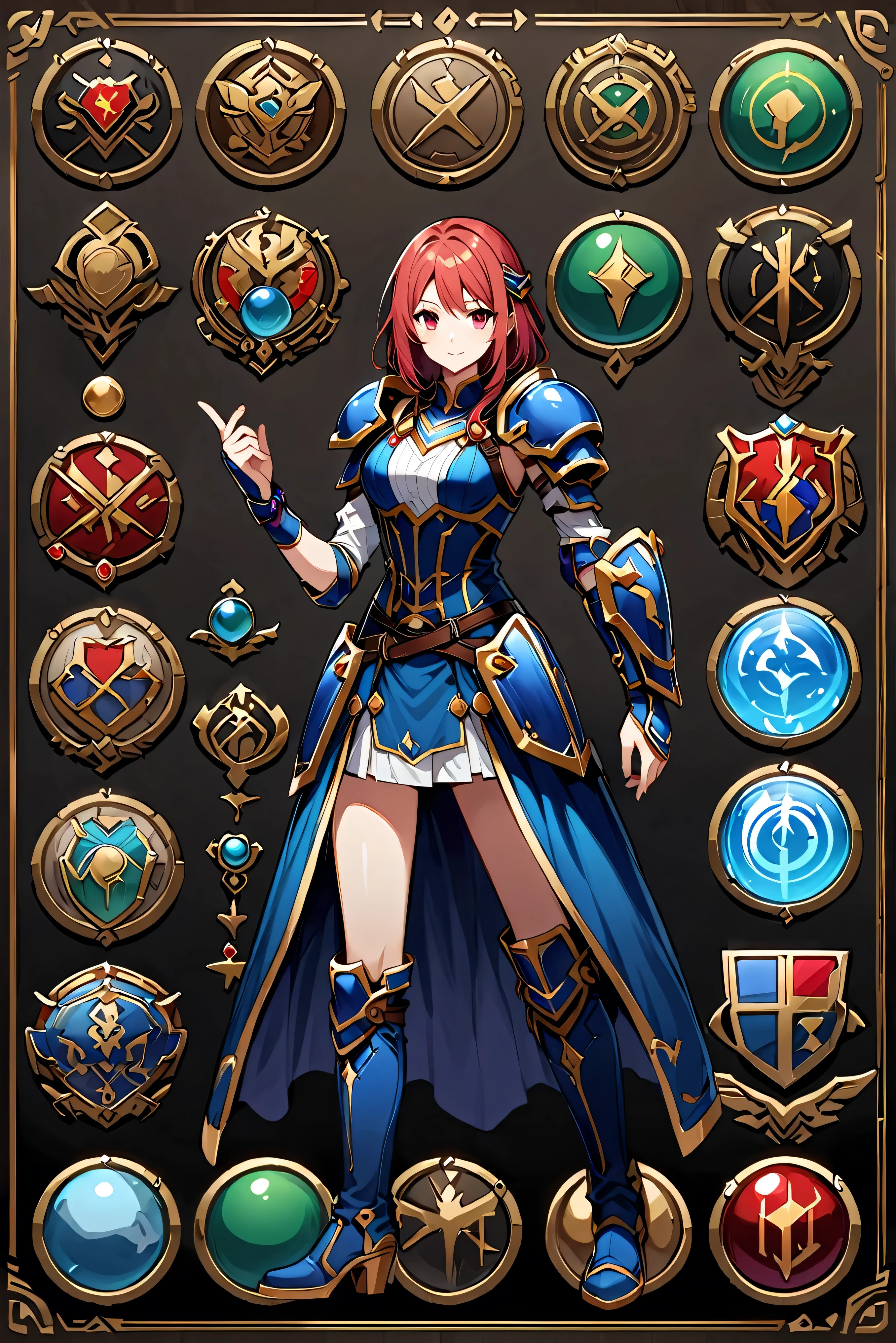 Framed Presentation of a catcher, Female character design sheet for video games with detailed accessories, long boots, Multiple icons, And fantasy costumes,mini skirt,catcher, Ball gown, A button that allows you to customize your character as you wish., sphere,(Game Icon),Medal Icon,Role-playing,(Shield icon),(Magic Icon),28 icons,