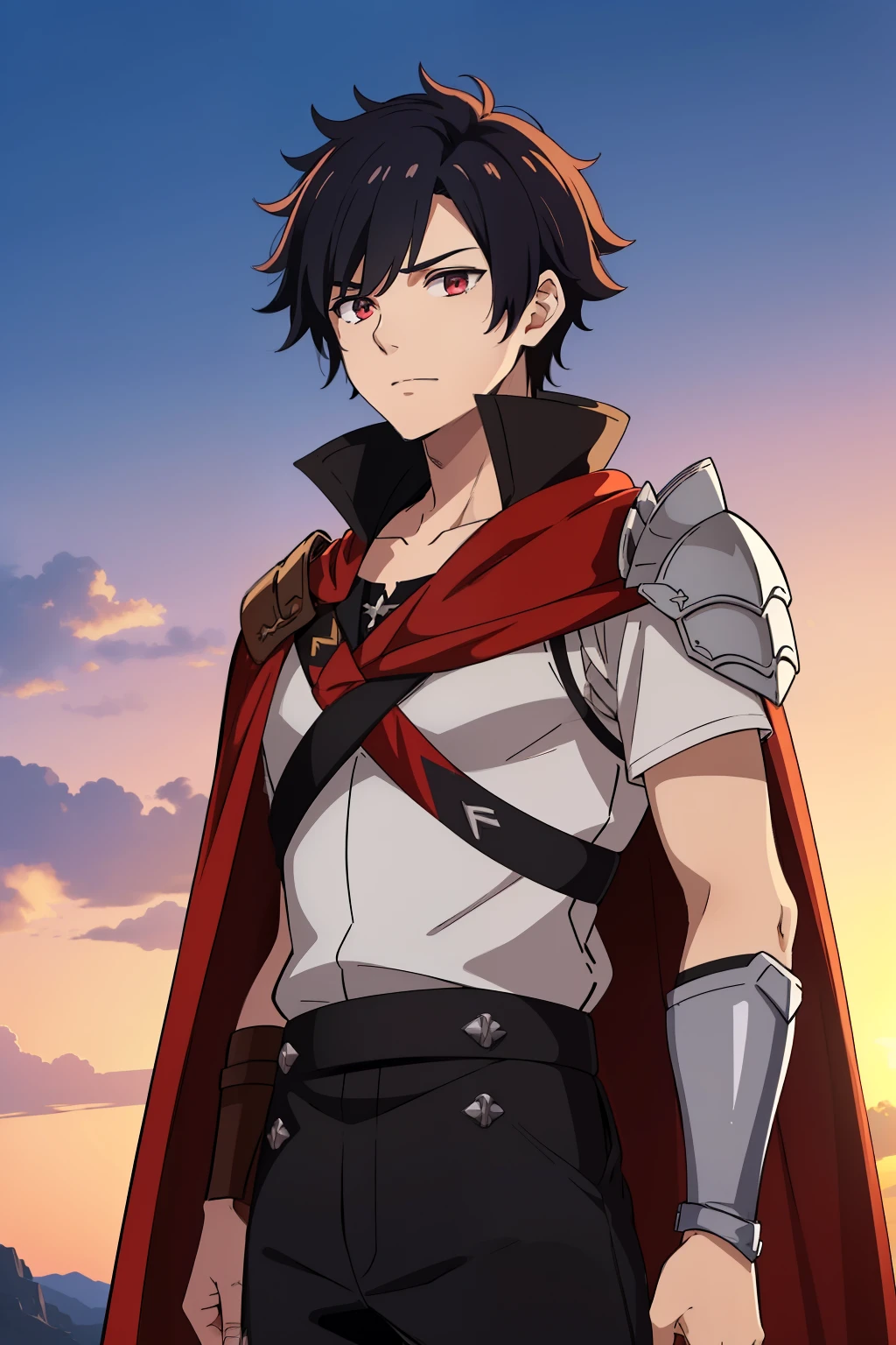 (high-quality, breathtaking),(expressive eyes, perfect face) 1boy, male, solo, young adult, Symmetrical Eyes, portrait, black hair, red eye color, short hair length, messy loose hair, neutral expression, soft smile, white shirt, black cloak red trim, fantasy attire, adventurer profession, sunset sky, summer theme, armor, cape
