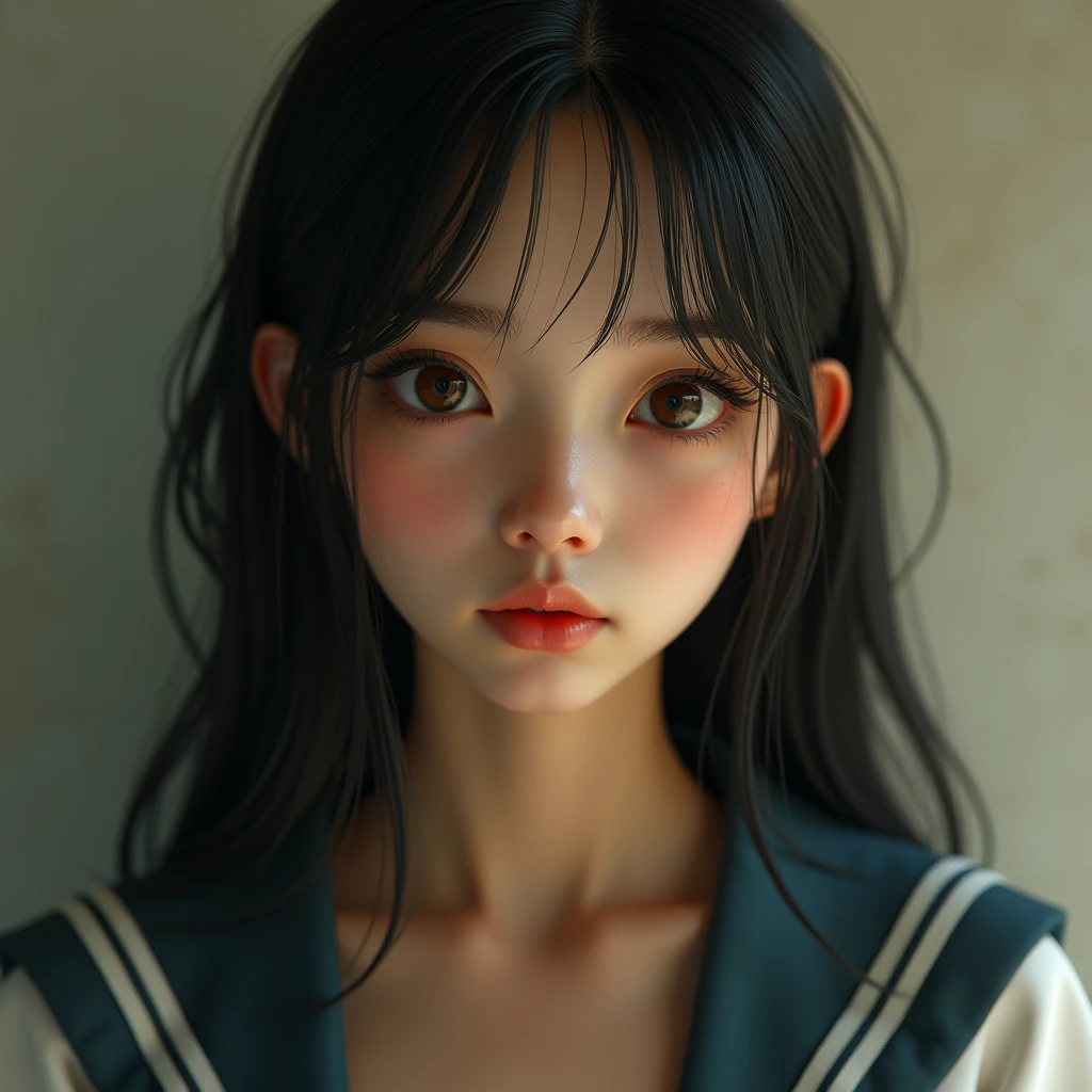 Browsing Caution, Highest quality, Photos in RAW format, Realistic Face, Incredibly beautiful, cute, Silky, Smooth and shiny hair, Depth of the written border, High resolution, Very detailed, Very detailed目と顔, Excellent student, Realistic student, Sharp focus, Cinema Lighting, small, (small breasts:1.2), (slim, , kind), Small waist, (slim waist:1.2), Delicate and sexy collarbone, (Sailor suit:1.2), (Lifting Sailor suit to show off a small cute bra:1.5)))、