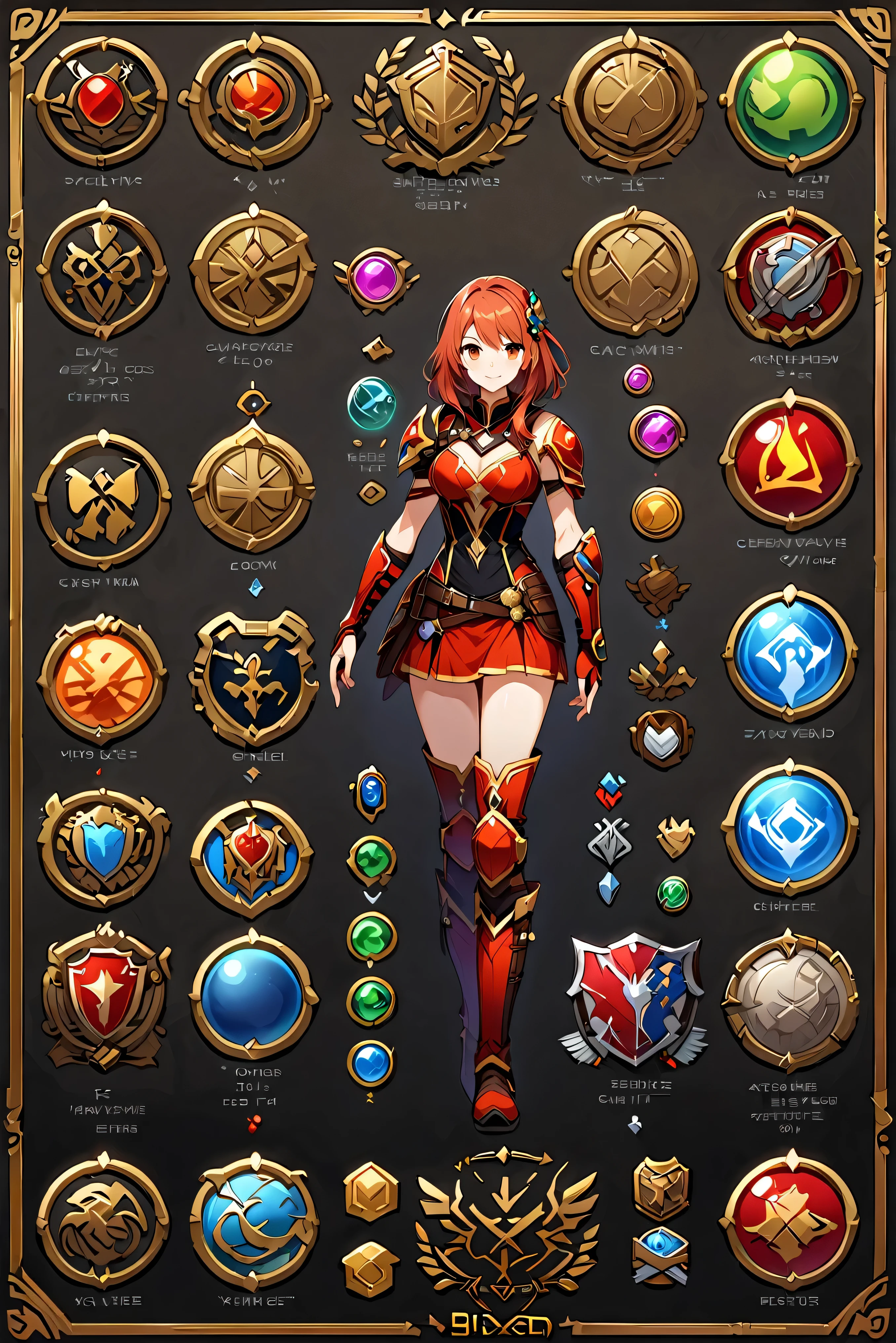 Framed Presentation of a catcher, Female character design sheet for video games with detailed accessories, long boots, Multiple icons, And fantasy costumes,mini skirt,catcher, Ball gown, A button that allows you to customize your character as you wish., sphere,(Game Icon),Medal Icon,Role-playing,(Shield icon),(Magic Icon),28 icons,