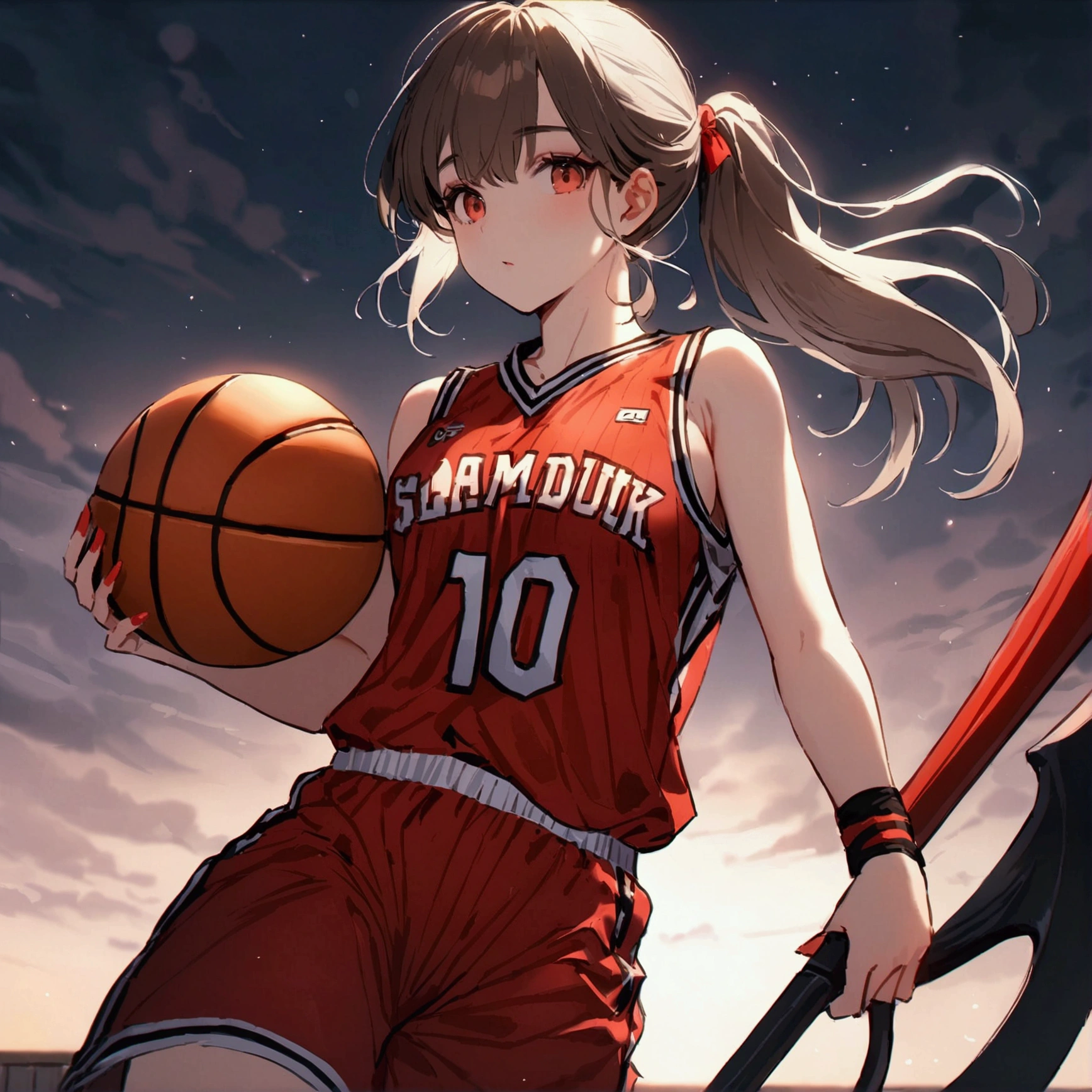 Wearing a red number 10 basketball jersey, SLAMDUNK,Cute girl with a ponytail，Holding a basketball，scythe，4K