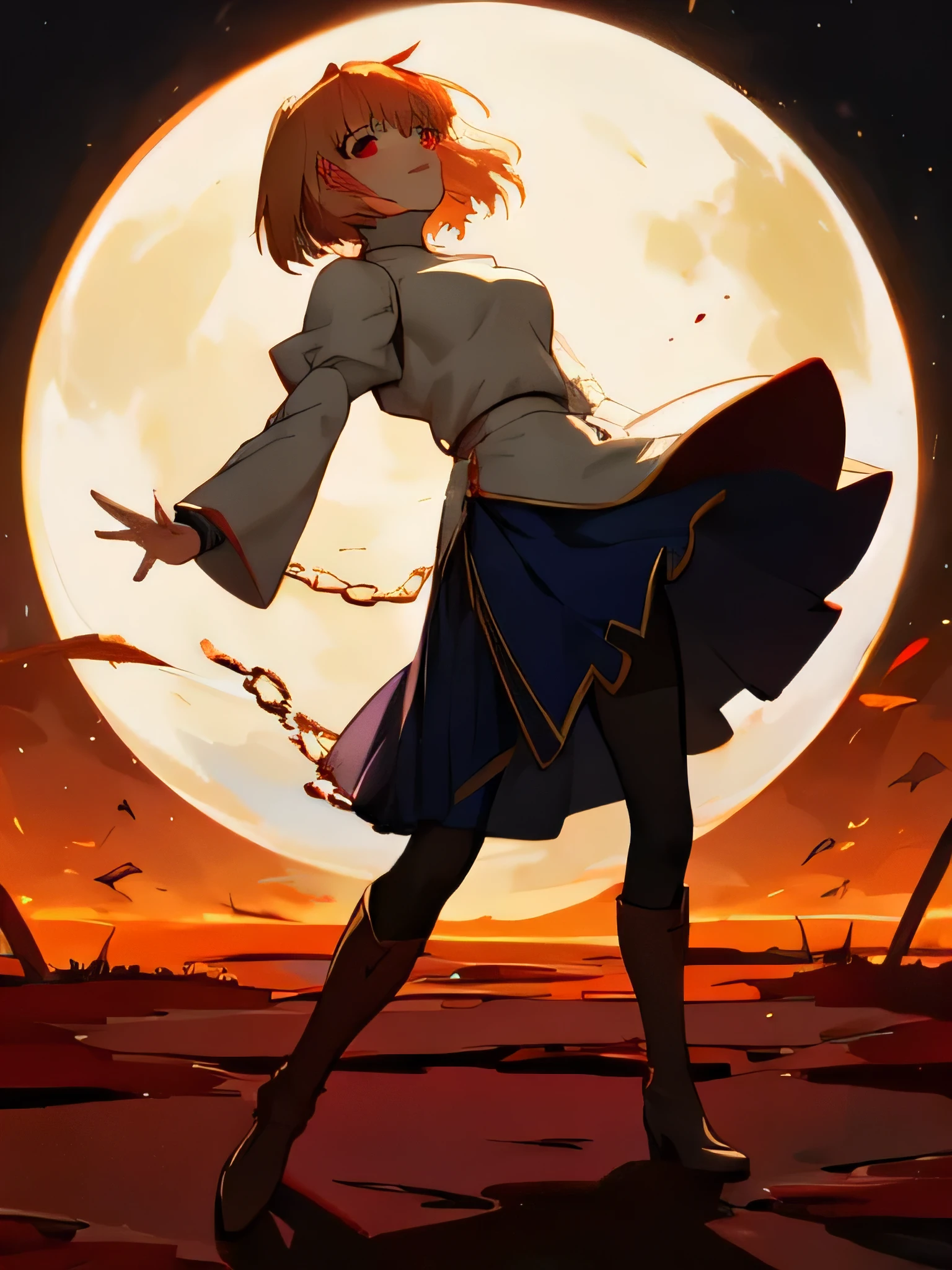 Arcueid Brunstad, (battle scene), (Fierce battle), Brilliant battle, (beautiful battle reproductions), (big moon filling the background), blonde hair, (red eyes:1.5), short hair, aphtha hair, blonde hair, chain necklace (arcueid), black pantyhose, white long sleeve turtleneck sweater, blue pleated skirt, brown shoes, knee boots, Nighttime, the moon, Dancing in the air, (Bewitching smile)
