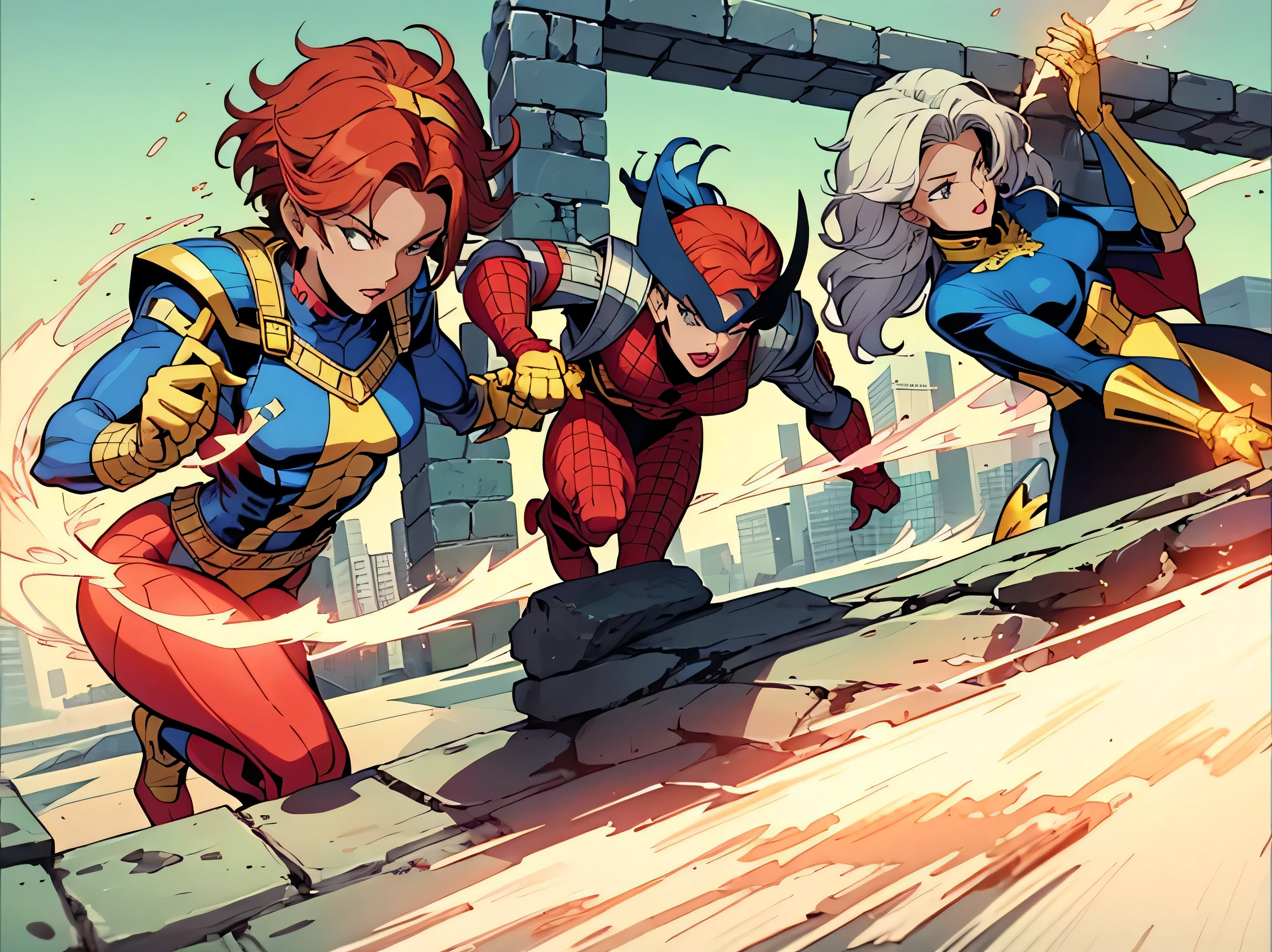 Three detailed miniature superhero figurines are displayed on an outstretched hand. The first figure is dressed in a blue and red suit with gold accents and has a golden headpiece. The central figure is armored in metallic silver with a weapon. The third figure is climbing a brick wall, donning a red and blue suit. The background is softly blurred, emphasizing the miniatures in sharp focus.((X-men TaS Style)), retro artstyle,90s comic book style,Marvel Comics,X-men the Animated Series