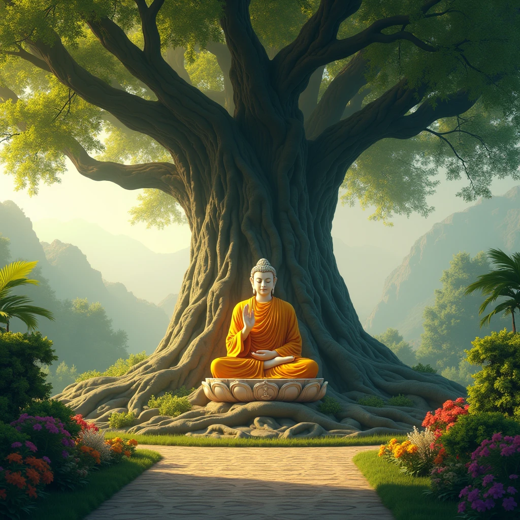there is a man sitting in a meditation position in front of a tree, monk meditate, buddhist monk meditating, serene illustration, zen natural background, zen temple background, buddhist monk, buddhism, background artwork, spiritual enlightenment, hindu stages of meditation, concept art of a monk, meditating, relaxing concept art, monk, zen meditation, temple background